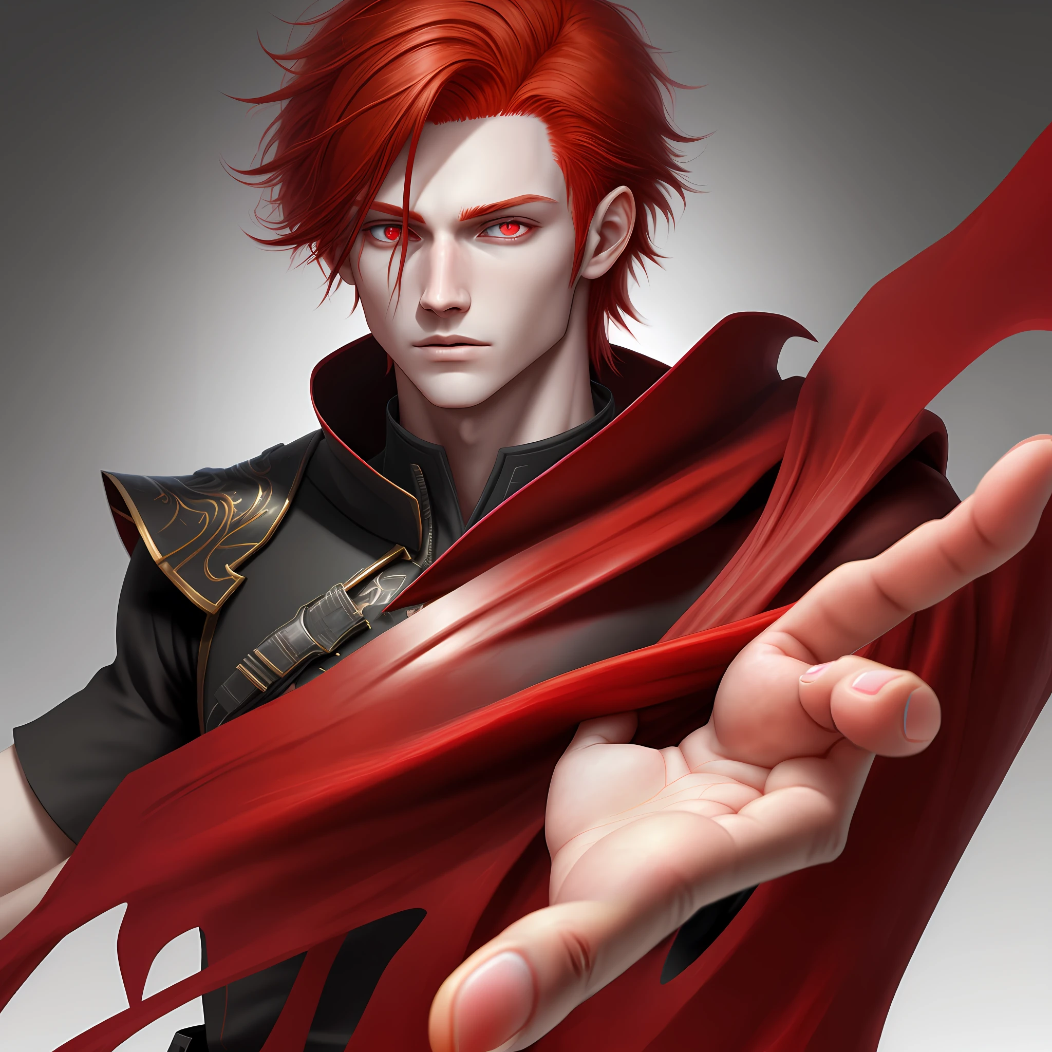 Male, red hair, red eyes, pale, realistic, detailed hands, detailed eyes, detailed hair, 4K