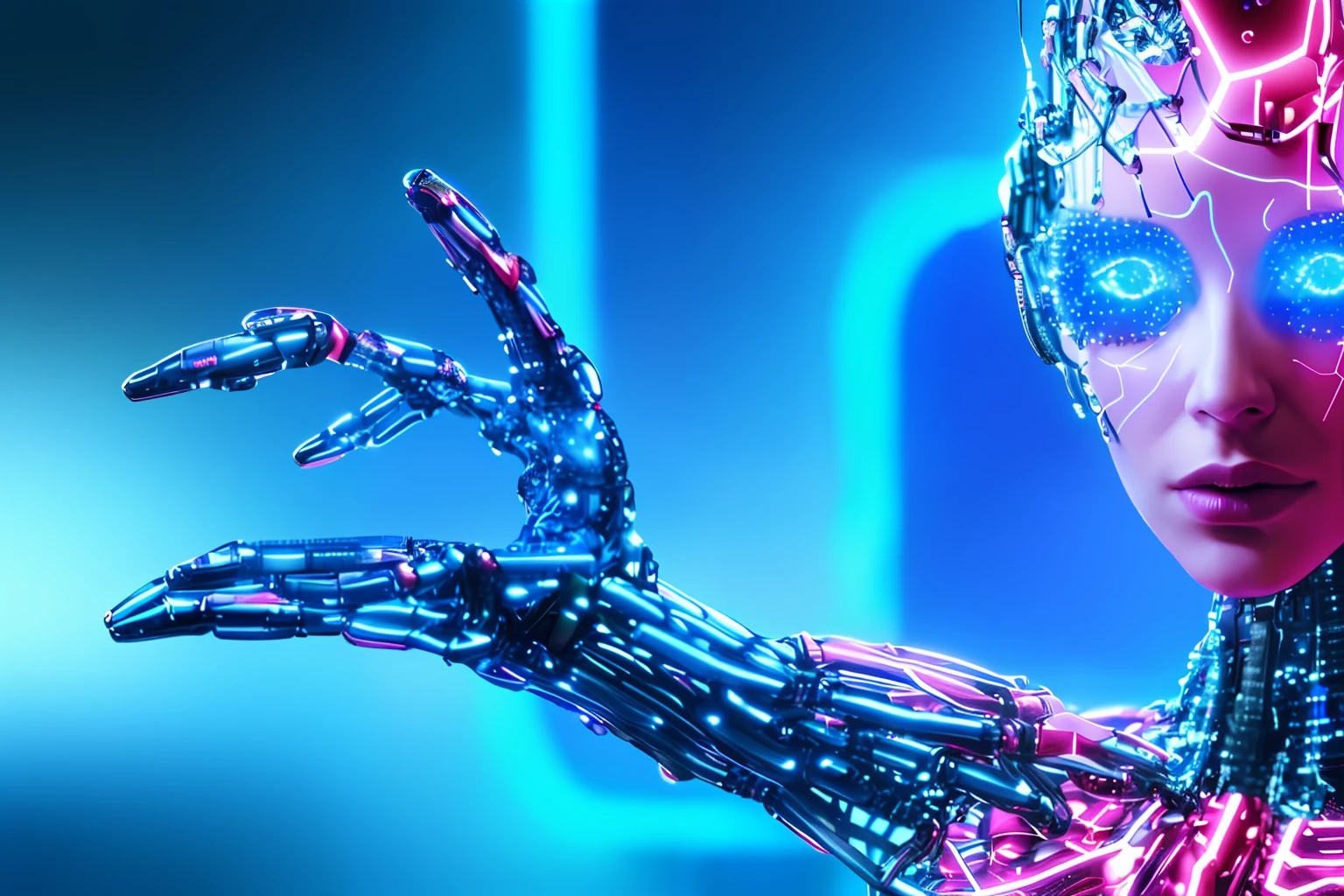 Magnificent artificial intelligence, beautiful woman with robotic body, hyper realistic, cinematic angle, blue neon blurred background, apparent circuits 4k,
PROMPTS NEGATIVOS blurry, bad anatomy, bad eyes, eyes cross-eyed, disfigured, misshapen face, mutation, mutant, extra limb, ugly, distorted hands, missing limb, blurred, floating limbs, disconnected limbs, malformed hands, blur, out of focus, long neck, long body, (((( mutant hands and fingers)))), (((out of frame)))