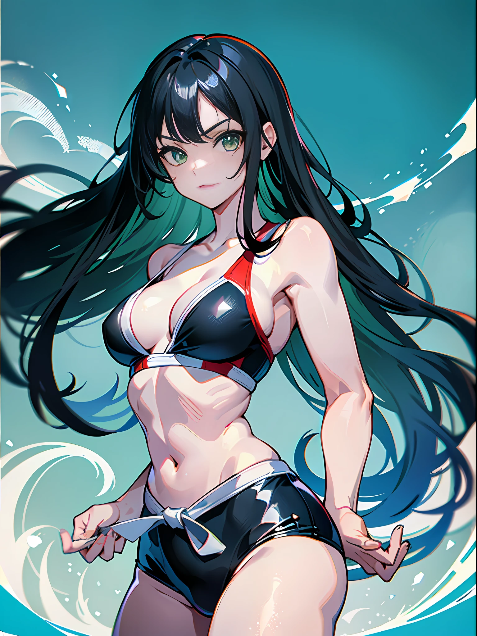 Green eyes, long black hair, blue height difference tight swimsuit, female karate, karate pose
