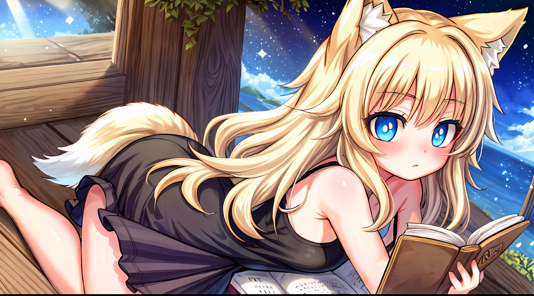 masterpiece, from above, best quality, wolf girl, elegant, 1girl, wolf ears, wolf tail, cute, blushed, looking down, feet out of frame, reading book, from behind, blonde wavy hair, barumas, white and black tank top, blue eyes, beautiful eyes, beautiful background, light particles, sun rays, dramatic lighting, outside, shiny, realistic, masterpiece, best quality, ultra-detailed, detailed, scenery, beautiful detailed eyes, detailed hair