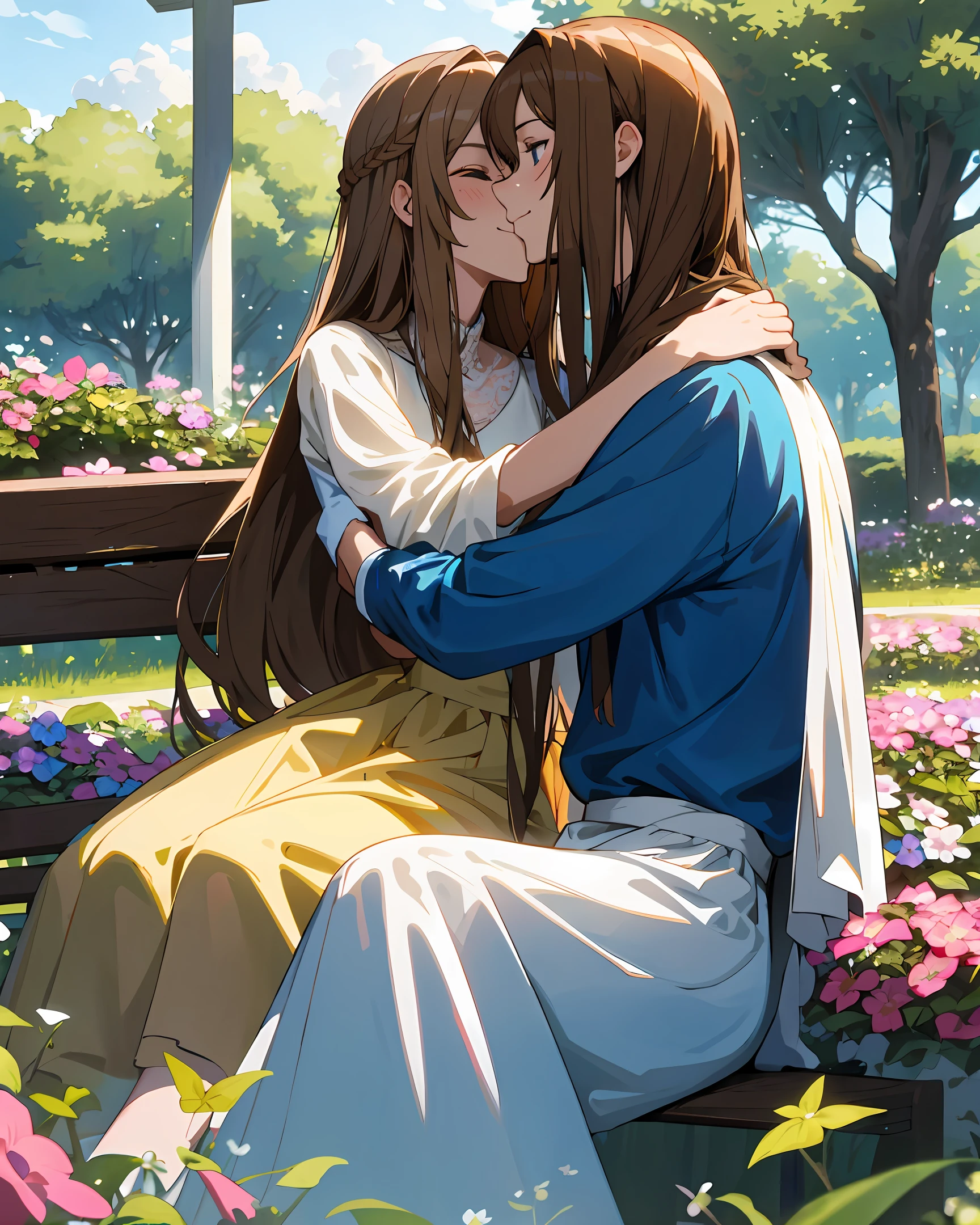 Write a romantic story involving a brunette woman with light brown hair, sitting on a bench in the square, next to a man. The setting is a beautiful garden with flowers, trees and birds, while a rainbow paints the sky with its vibrant colors. Her name was Ana and she loved spending time in that charming square. Sitting on the white painted wooden bench, Ana watched the people around her, while the soft scent of flowers invaded the air. Her light brown hair fell gently over her shoulders, dancing in the gentle breeze. While Ana was enjoying the tranquility of the garden, a man named Lucas came and sat down beside her. He had deep blue eyes that sparkled with curiosity and an endearing smile on his face. It was as if the rainbow in the sky reflected the joy he conveyed. The two began a relaxed conversation, sharing stories, laughter and dreams. As the sun sank below the horizon, the birds sang a soft melody, as if they were celebrating the special meeting of those two souls. Ana and Lucas discovered that they had many things in common, from their taste in music to their passion for nature. With every word exchanged, a deeper connection formed between them. Over time, the garden became a haven for love to flourish. They strolled hand in hand among the trees as the colorful flowers seemed to bless their romance. The rainbow lingered in the sky as a symbol of their union, a promise that together they would weather whatever storm life might bring. As the relationship deepened, the moments shared on the park bench became unforgettable. This was where they met to celebrate birthdays, share secrets and just enjoy each other's company. With each encounter, the brunette woman with light brown hair and the man with blue eyes reaffirmed their love. On the bench in the square, they sealed their promises with soft kisses and warm hugs. The garden, with its flowers in full bloom, seemed to smile at the couple, testifying to their growing love. And so, the story of Ana and Lucas int