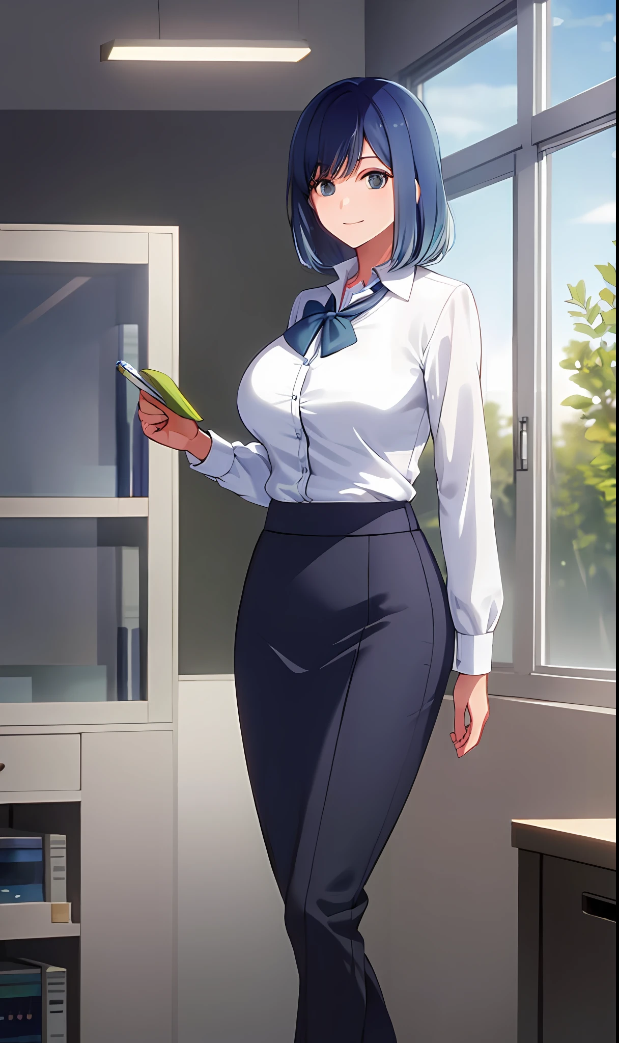 ((masterpiece, best quality)), (1girl),((mature female)), blue hair, ((office lady )),bangs,large breast,(busty),slim,smile, [wide hips],office,standing