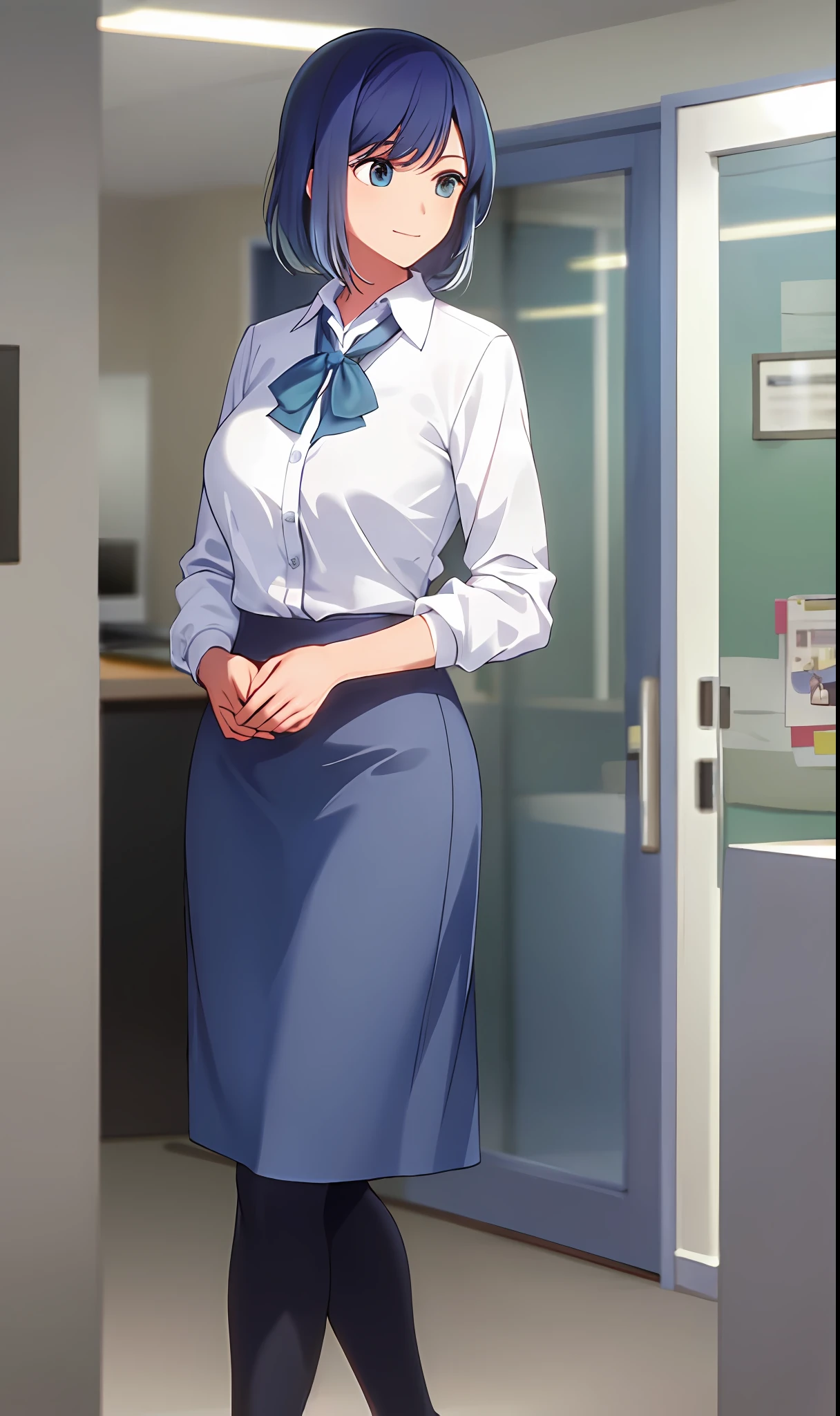 ((masterpiece, best quality)), (1girl),((mature female)), blue hair, ((office lady )),bangs,medium breast,(busty),slim,smile, [wide hips],office,standing