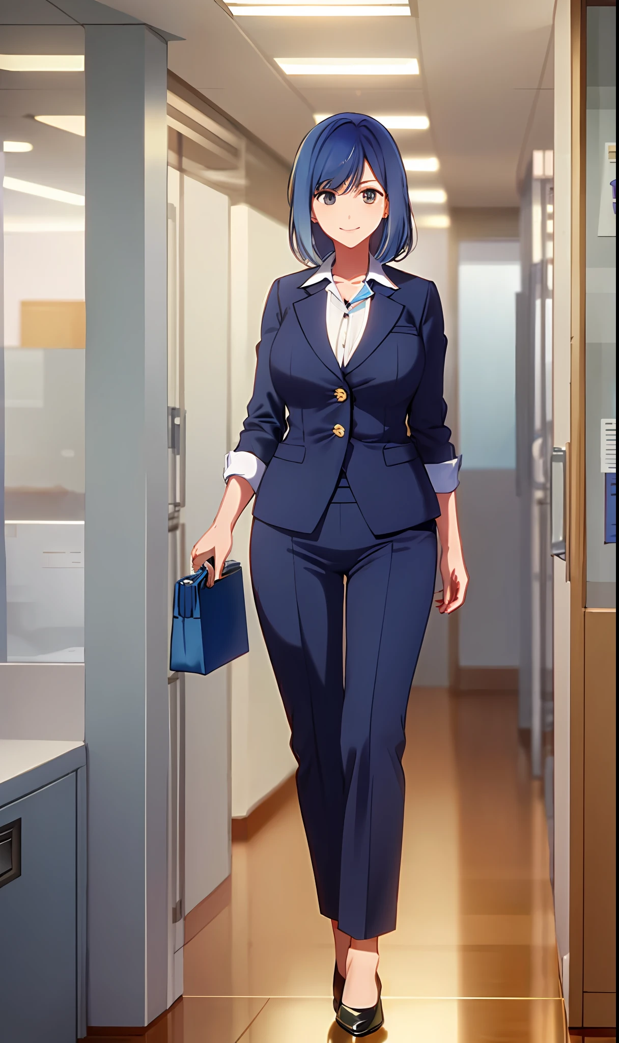 ((masterpiece, best quality)), (1girl),((mature female)), blue hair, ((office lady )),bangs,medium breast,(busty),slim,smile, [wide hips],office,standing