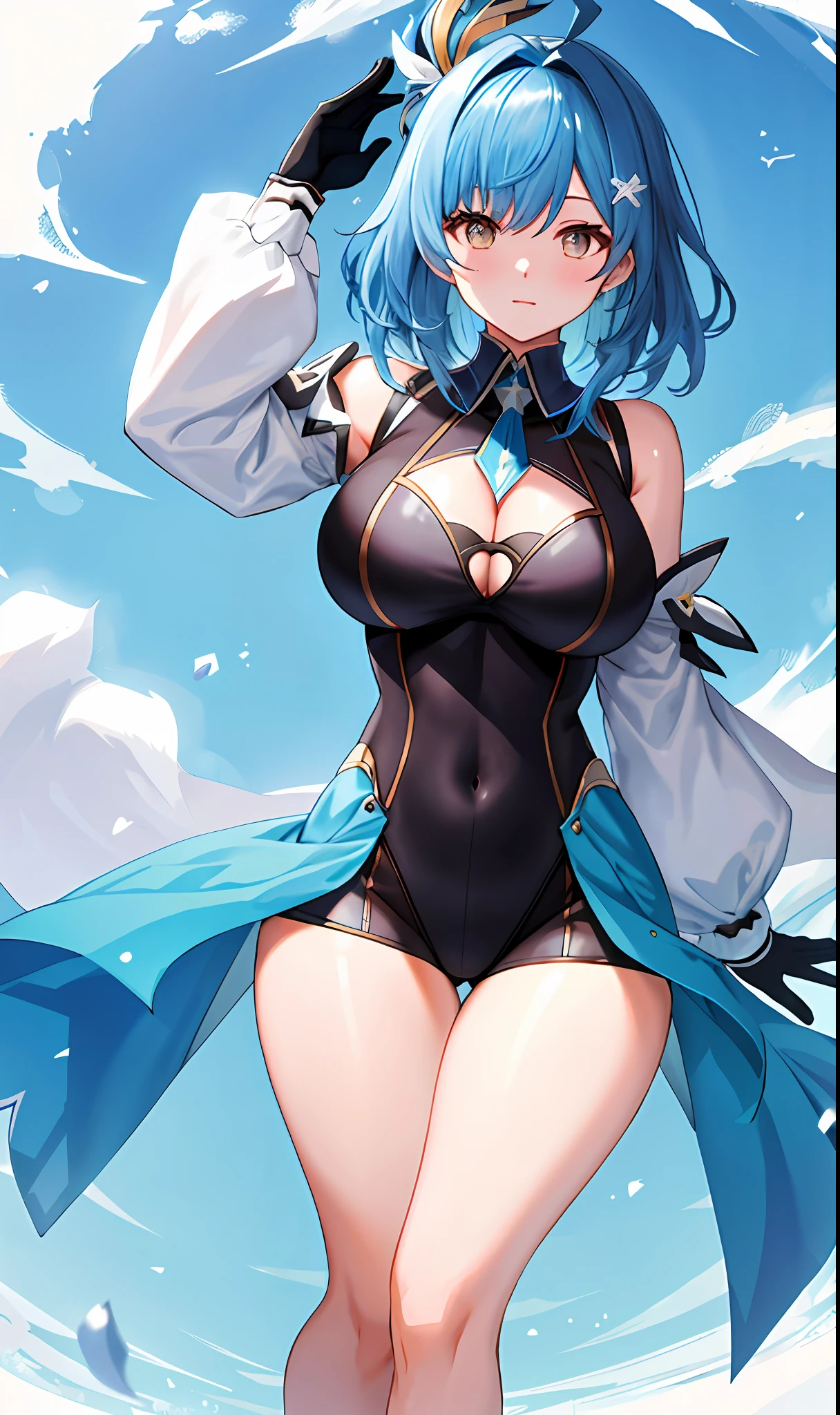 [Highest quality] Light blue hair, thighs, hair band, thighs, long sleeves, gloves, bangs, dark golden eyes, medium hair, leotard, hair ornament, black hair band, shoulder cutout, black thighs, blue tie, [large breasts: 1.2] , (breast augmentation: 1.2), (breast augmentation), armpits, hair, curvy, cleavage, confidence, [wide hips], snow, nature, Yura (Genshin Impact), Gonzo