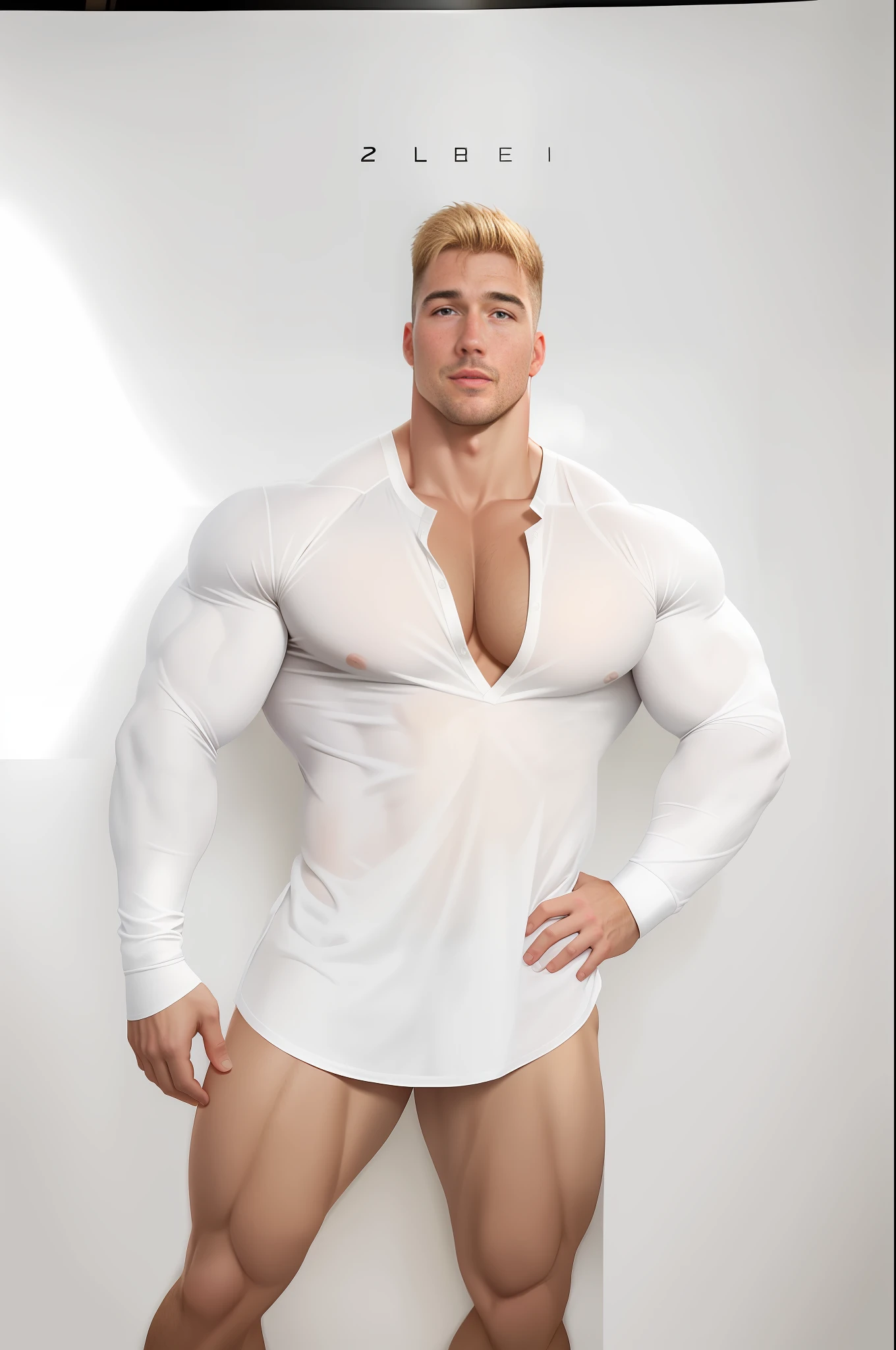 a man in a white shirt posing for a picture, open v chest clothes, full subject shown in photo, detailed white, muscular! white, in billy herrington body, intense details, viktor deni, male model, white clothing, white body, intense detail, full length shot, robust stocky body, lean man with light tan skin, open shirt