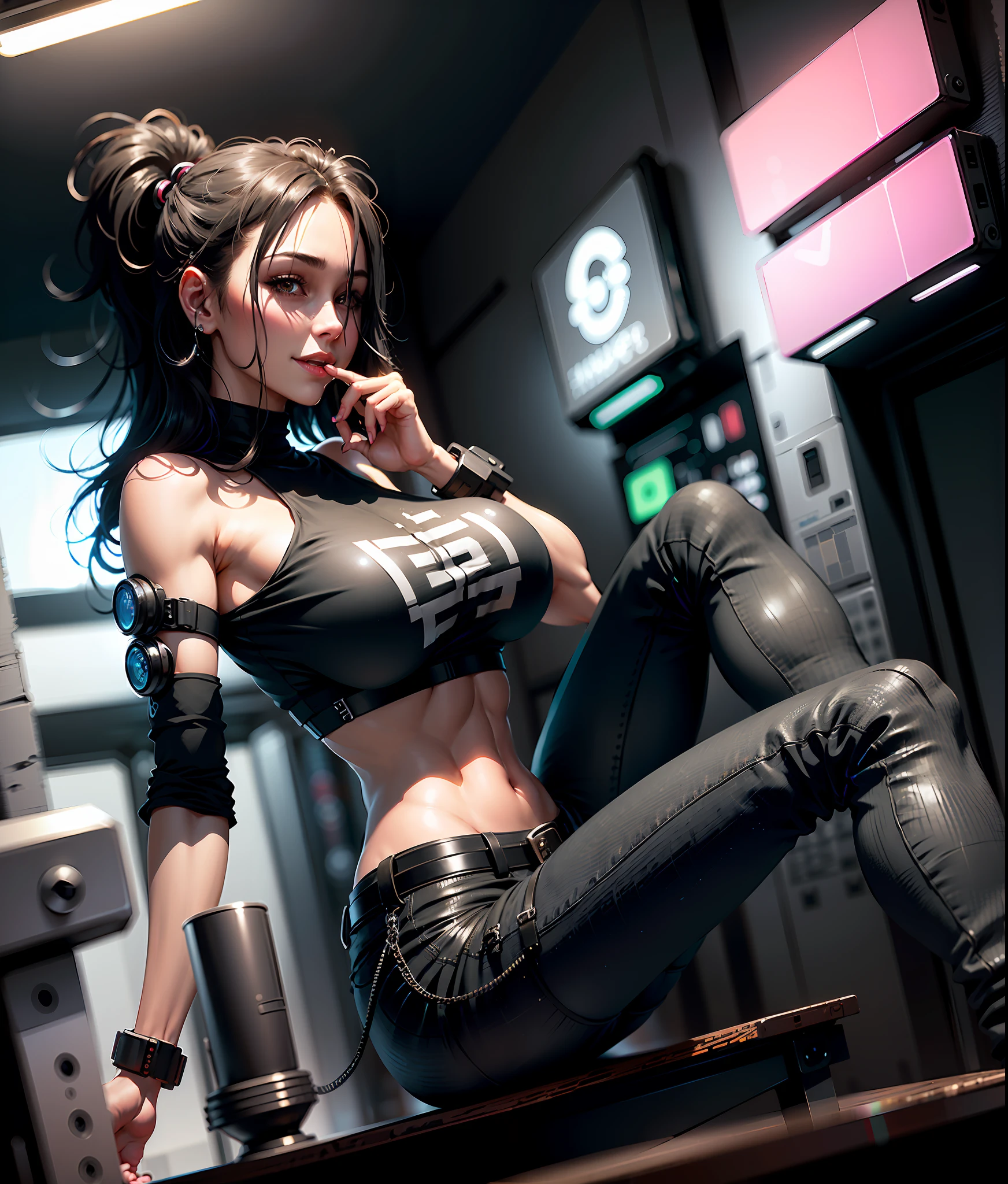 ((realistic face, happy, young look)), (black crop top, black skinny jeans, short clothes), (huge breasts), (black long hair with cyberpunk enhancements), (20 years), (1 girl), (4k style))
