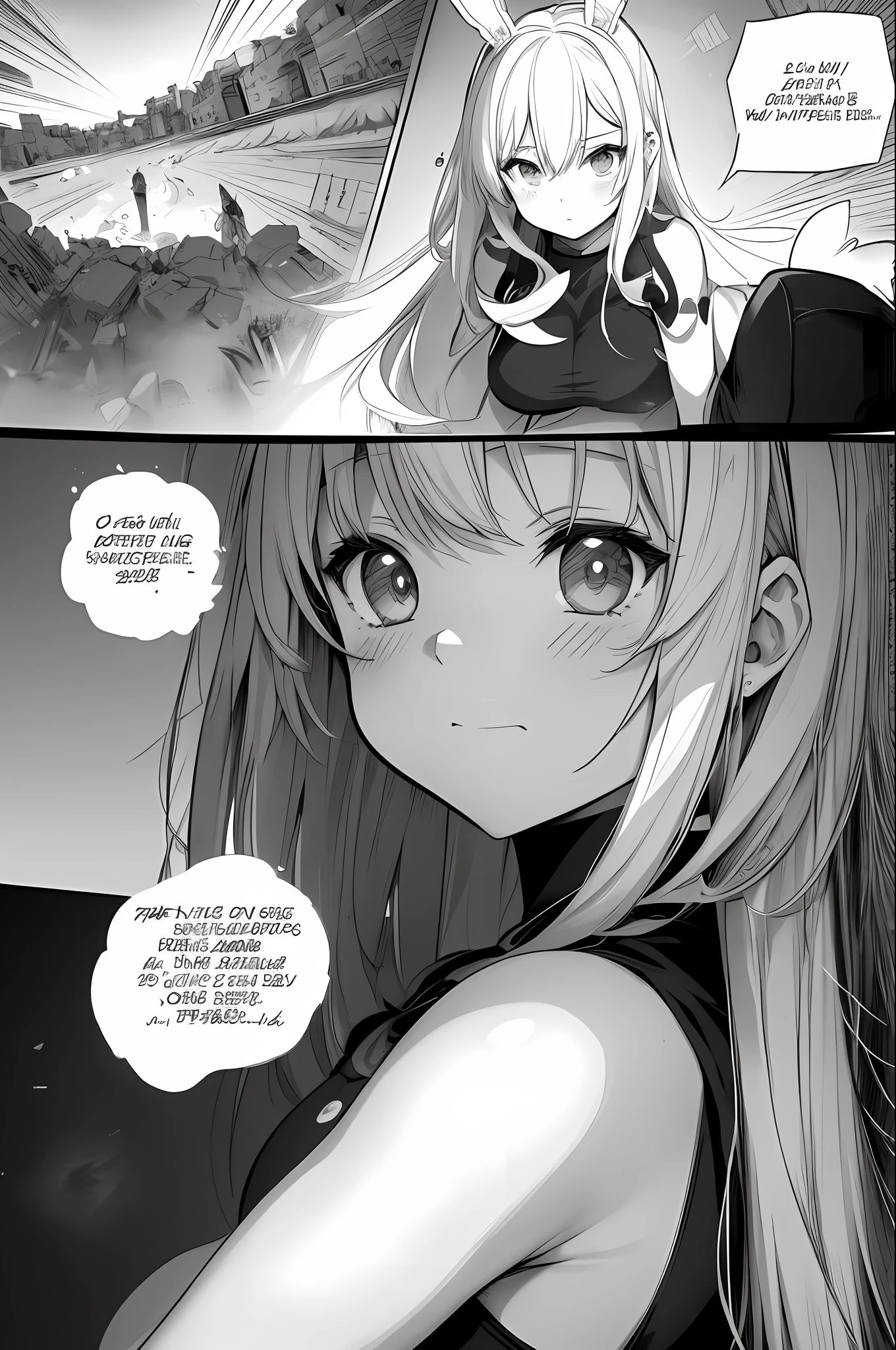 , (Cute Girl), , (White Rabbit Ears), incorporating manga-style speech bubbles is often expressive and visually integrated with other art. Break design a manga-style background with hatching or pointillism effects to give depth and texture to the scene. Break designs images using manga-style screentones and creates shading and patterns through small dots, lines, or other repetitive shapes. Breaking incorporates manga-style speech bubbles that are often expressive and visually integrated with other art. Break is a panel layout unique to manga that guides the reader's eyes and controls the pace of the story to explain the image.
