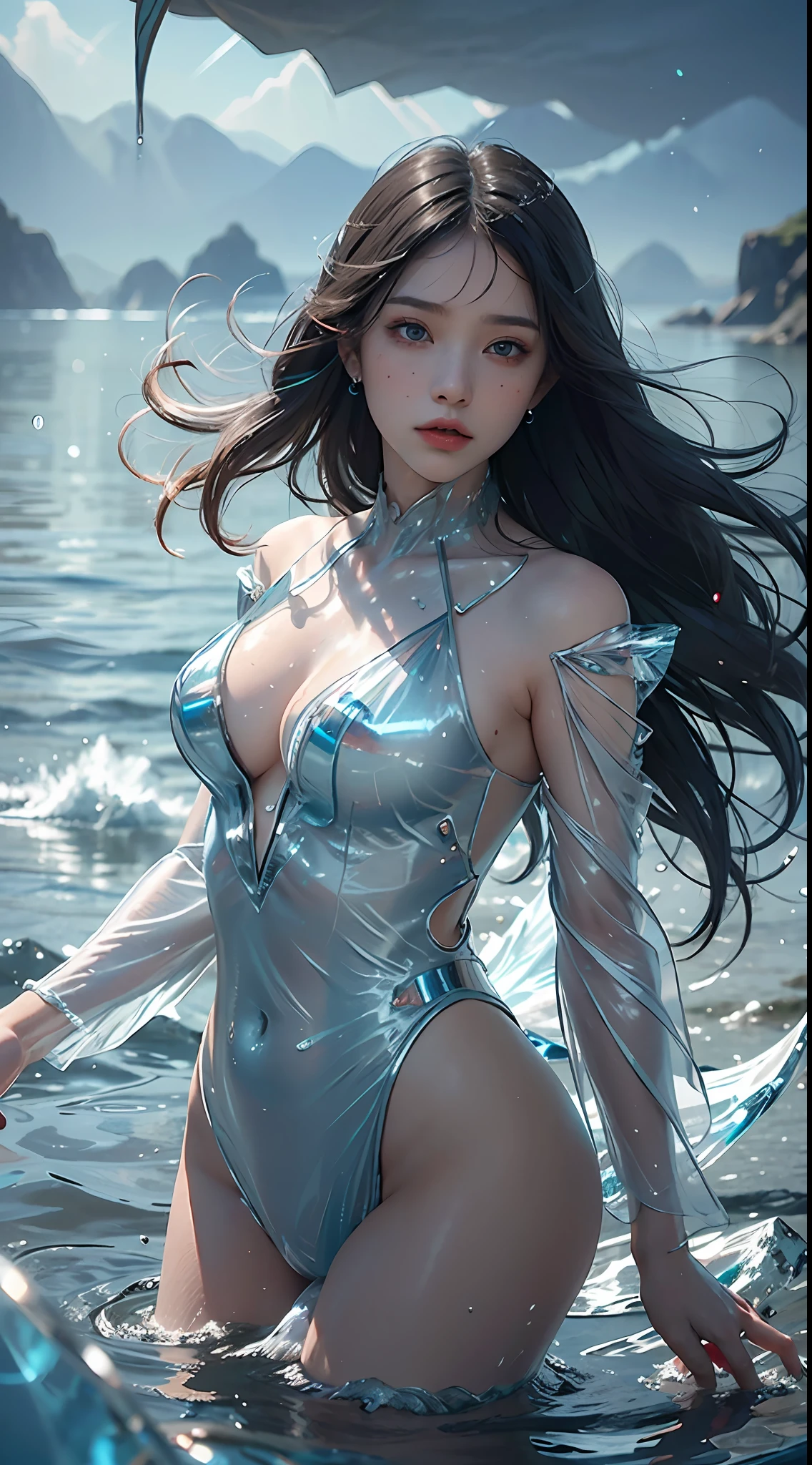 (Masterpiece, Top Quality, Best, Official Art, Beautiful and Aesthetic, Long Exposure: 1.2), Smooth Movement, Fascinating Patterns, 1 Girl, Adult Russian Woman, Freckles, Jade Eyes, Black Lob Hair, Portrait, Solo , upper body, gaze at observer, detailed background, detailed face, (crystallineAI, crystalline theme:1.1), elemental water sprite, spinning water, controlling water, fantasy magician clothes, dynamic pose, floating particles, ethereal dynamics, water , steam, ocean in the background, blue tones, coast, ethereal atmosphere,