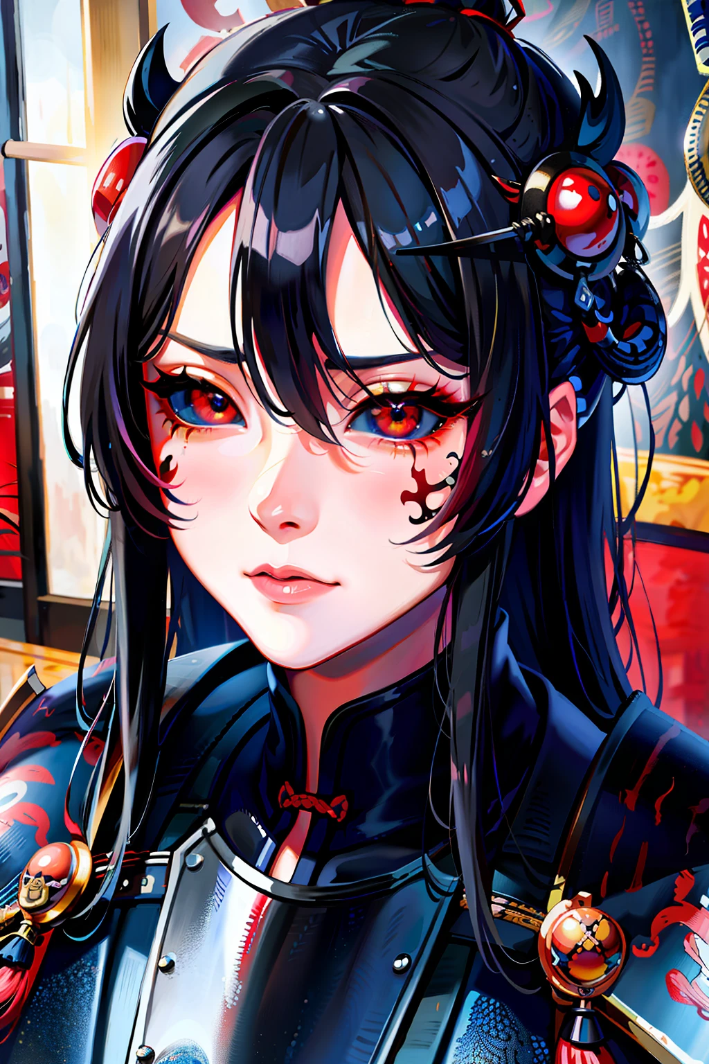 ((Close-up on eyes)), front view, (((pov))), (cinematic, ultra-detailed, best quality, UHD), ((oil painting)), ((official art)), 1woman, ((kabuto)), black hair, red eyes, ((looking at viewer)), determined, serious expression, (((samurai armor)), o-sode, kote, inside the house, medieval fantasy, detailed face, extremely detailed eyes
