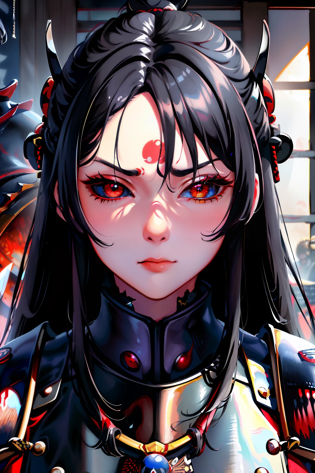 ((Close-up on eyes)), front view, (((pov))), (cinematic, ultra-detailed, best quality, UHD), ((oil painting)), ((official art)), 1woman, ((kabuto)), black hair, red eyes, ((looking at viewer)), determined, serious expression, (((samurai armor)), o-sode, kote, inside the house, medieval fantasy, detailed face, extremely detailed eyes