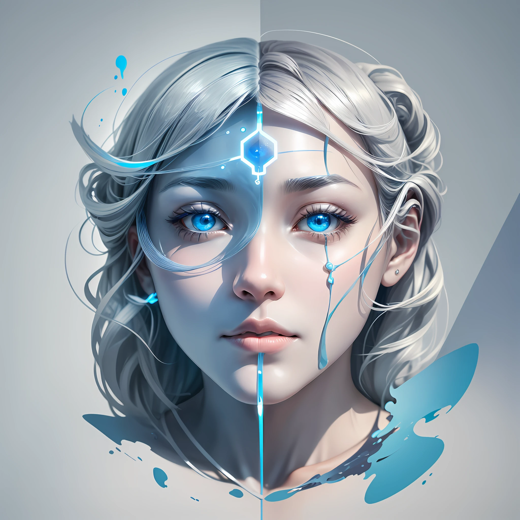 Create an image representing a person with artificial intelligence characteristics for the sign of Cancer. The figure should have soft and welcoming features, conveying tenderness and empathy. The eyes should be expressive, conveying sensitivity and intuition. Add subtle technological elements, such as integrated circuits or wave-shaped patterns, symbolizing the fusion between emotion and technology. Use soft, soothing colors, such as shades of blue and silver, to represent the intuitive and emotional nature of the sign. Create an environment that refers to the home and family, with an aura of warmth and protection.