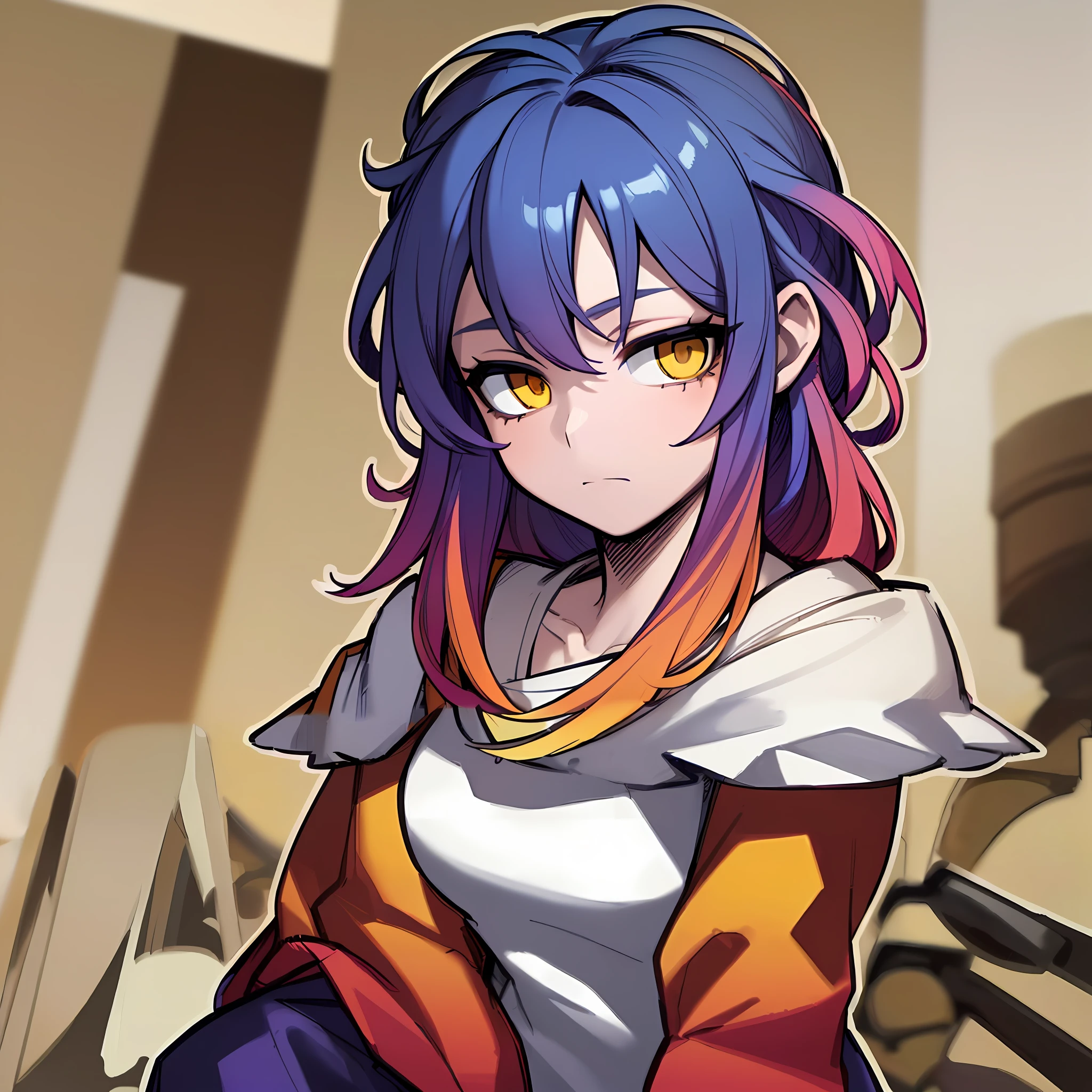 (((masterpiece, illustration, strong outlines, best quality, highres))), perfect anatomy, official art, 1girl, upper body, instagram girl, (multicolored hair, gradient hair, blue hair, yellow hair, red hair, purple hair:1.3), (red hair:1.2)
