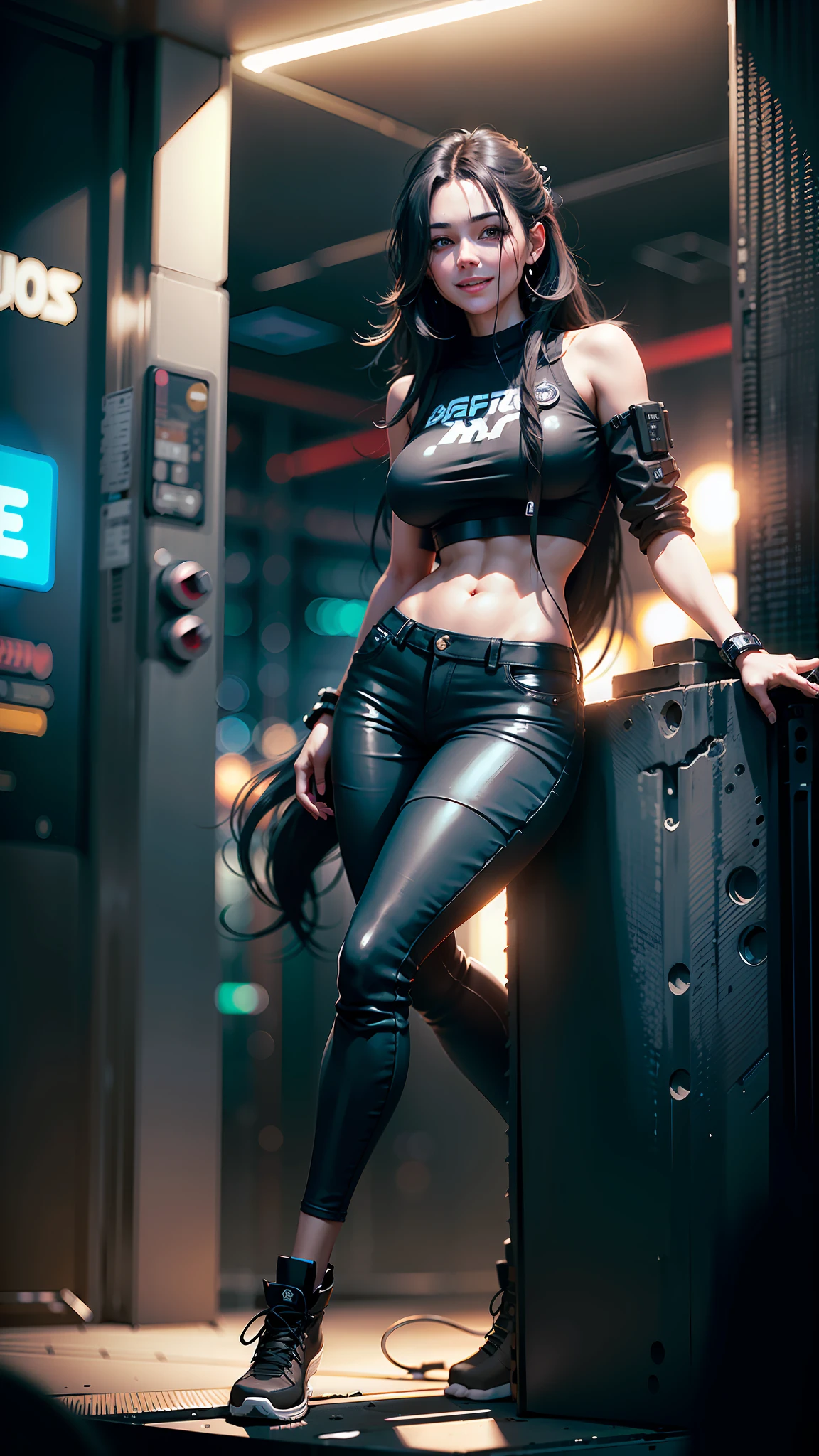 ((realistic face, happy, young look)), (black crop top, black skinny jeans, short clothes), (huge breasts), (black long hair with cyberpunk enhancements), (20 years), (1 girl), (4k style)