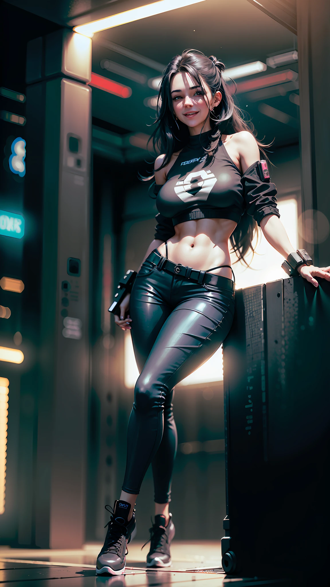 ((realistic face, happy, young look)), (black crop top, black skinny jeans, short clothes), (huge breasts), (black long hair with cyberpunk enhancements), (20 years), (1 girl), (4k style)
