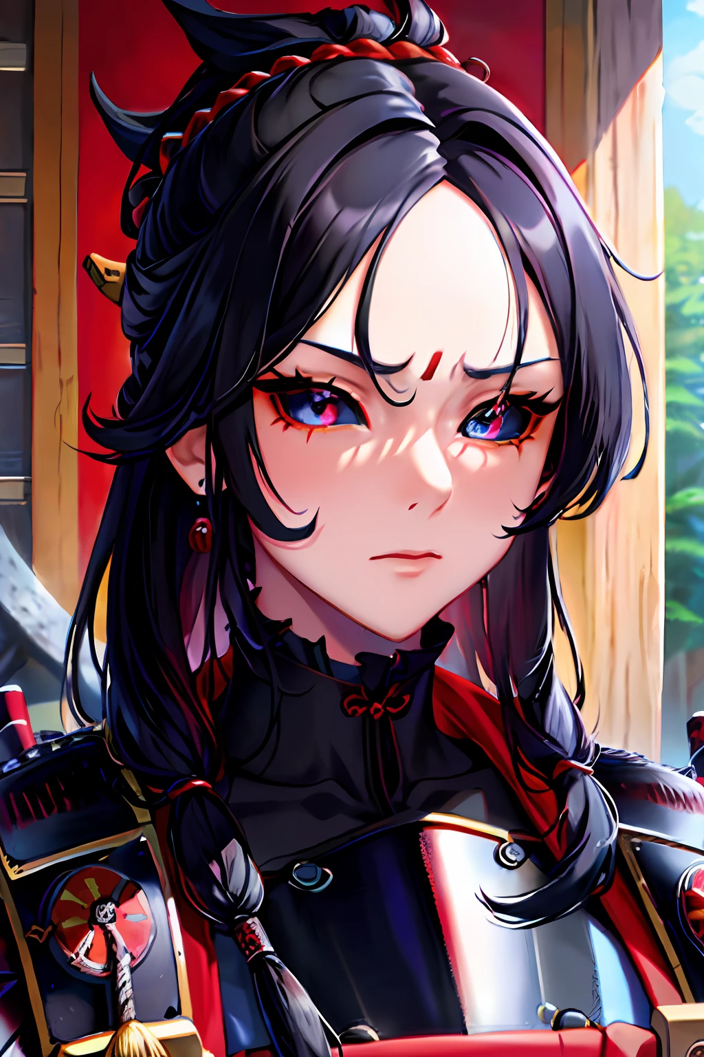 ((Close-up on eyes)), front view, (((pov))), (cinematic, ultra-detailed, best quality, UHD), ((oil painting)), ((official art)), 1woman, half forehead, black hair, himecut, hair tied, red eyes, ((looking at viewer)), determined, serious expression, (((samurai armor)), o-sode, kote, inside the house, medieval fantasy, detailed face, extremely detailed eyes