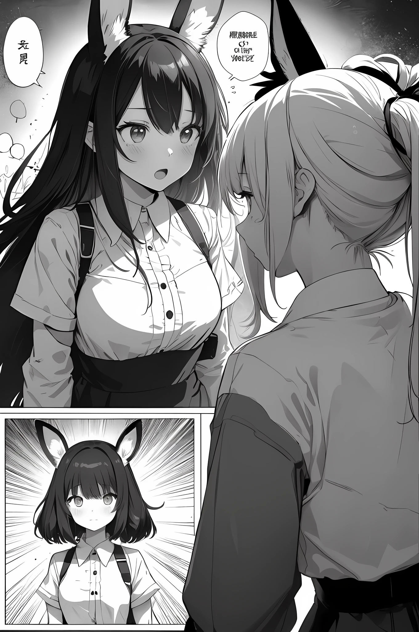 , (Cute Girls), (Two Girls), (White Rabbit Ears), Incorporating manga-style speech bubbles is often expressive and visually integrated with other art. Break design a manga-style background with hatching or pointillism effects to give depth and texture to the scene. Break designs images using manga-style screentones and creates shading and patterns through small dots, lines, or other repetitive shapes. Breaking incorporates manga-style speech bubbles that are often expressive and visually integrated with other art. Break is a panel layout unique to manga that guides the reader's eyes and controls the pace of the story to explain the image.