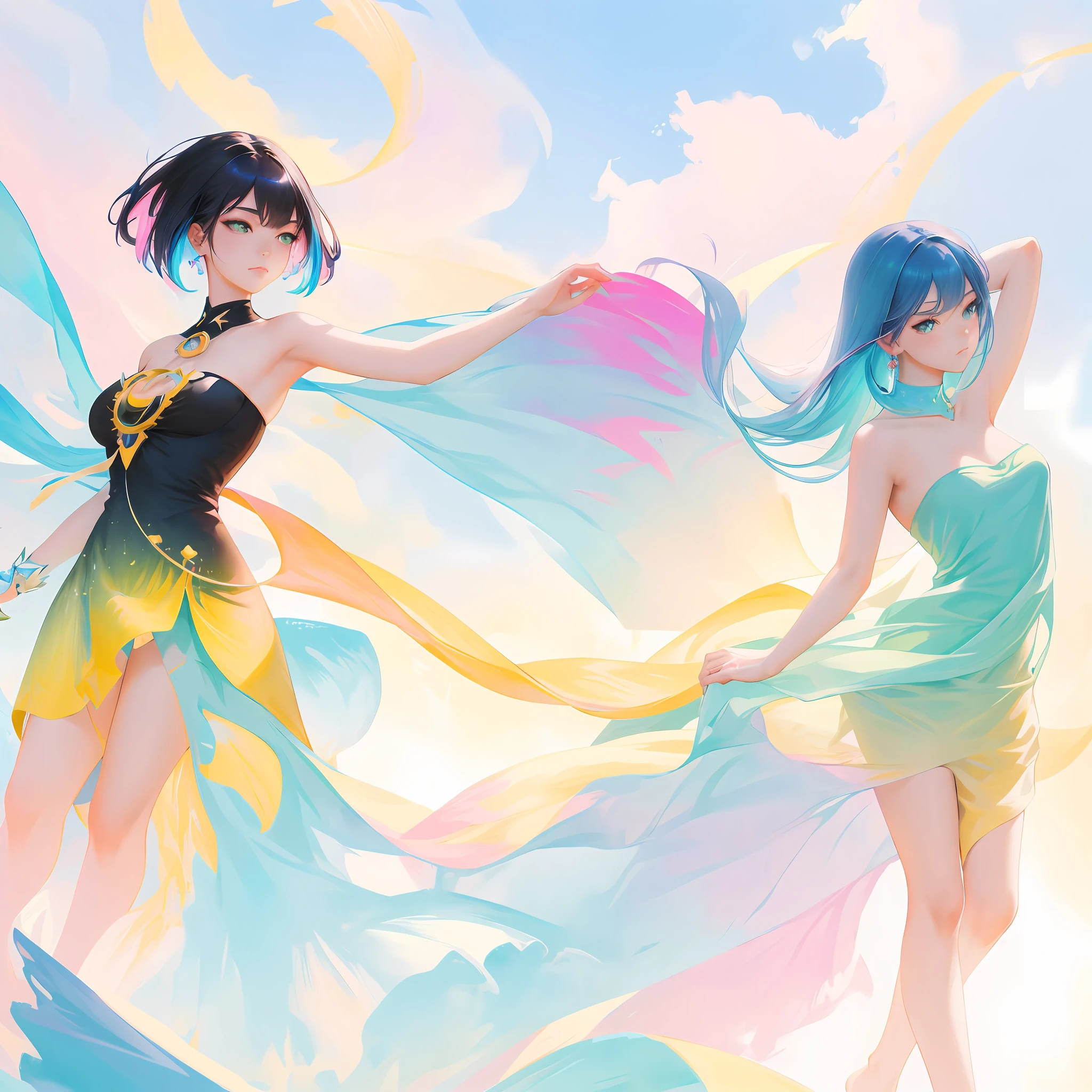 (circular composition:1.3), beautiful girl, dynamic pose, wearing a strapless dress, (aqua dress), black neckline , surreal fictionalization, Intricate, (colorful sky:1.2), masterpiece, high quality, art by artgerm, sakimichan, Taejune Kim, pixiv, krenz cushart, ilya kuvshinov, Goro Fujita, Cyril Rolando, saturated colors, (sharp edges