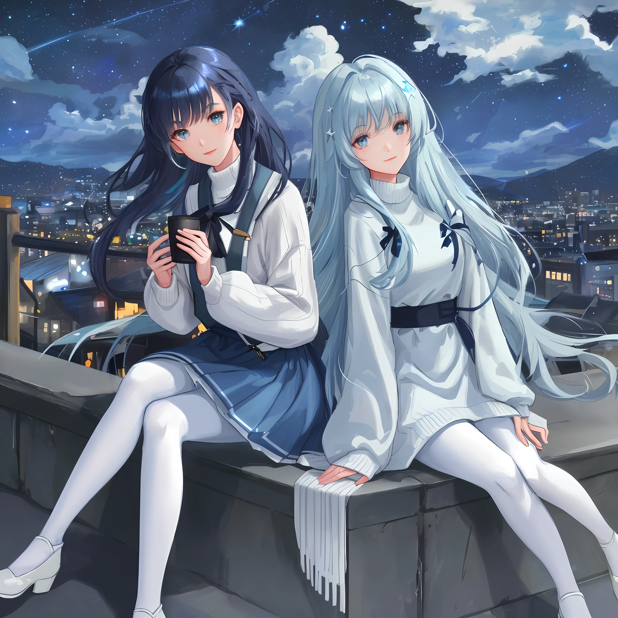 beautiful girl, captivating smile, sitting on a wall, long dark blue hair, outdoors, beautiful aesthetic, incredibly detailed, light nature around, white sweater, black pantyhose, 8k, colorful, night, starry sky, clouds,