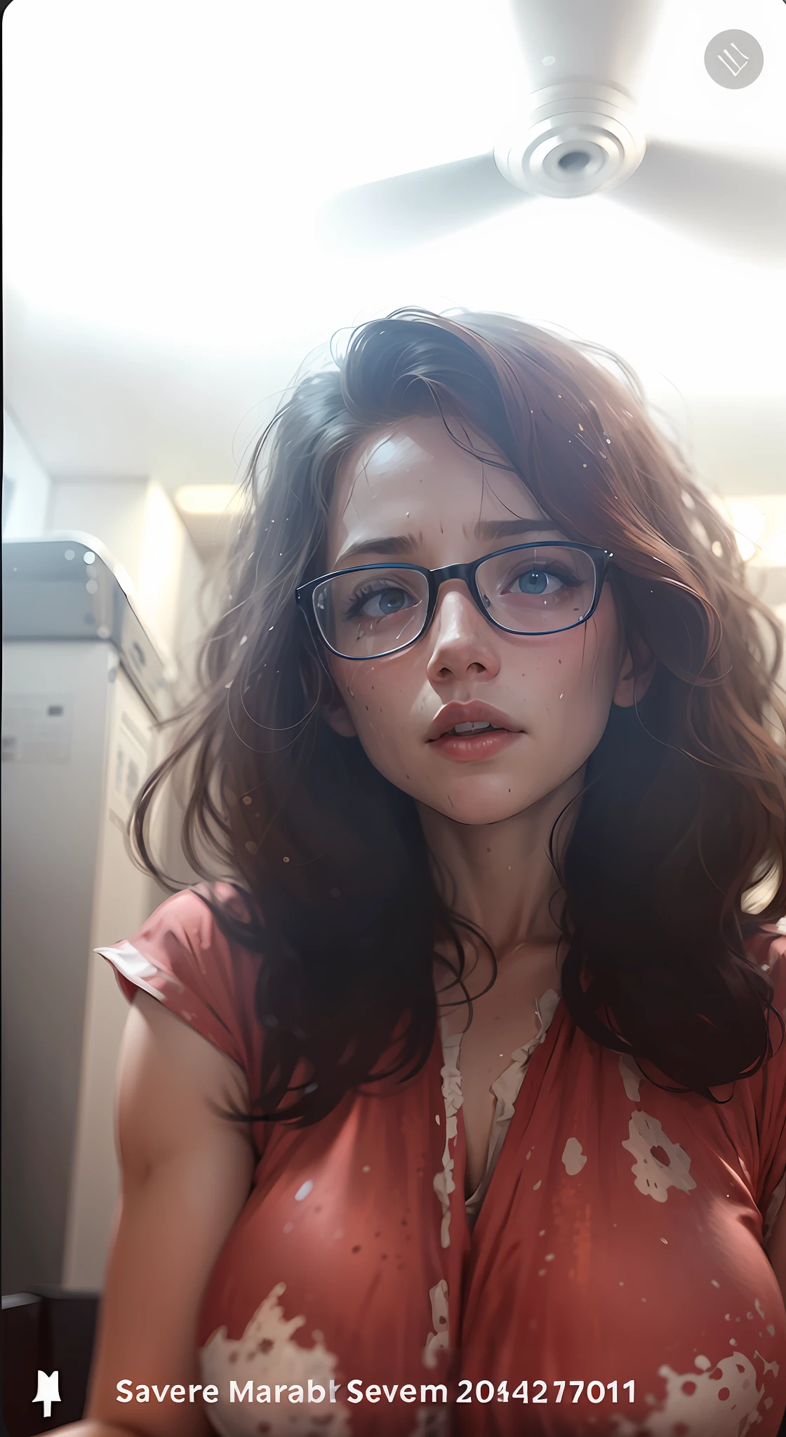 a portrait of a (soaking wet of a milk:1.2) redhead, freckles teacher is sitting on a porch,V-neck white shirt, visible through the white top t-shirt, slate atmosphere, cinematic, dimmed colors, dark shot, muted colors, film grainy, lut, insane details, intricate details, hyperdetailed, closeup, twilight