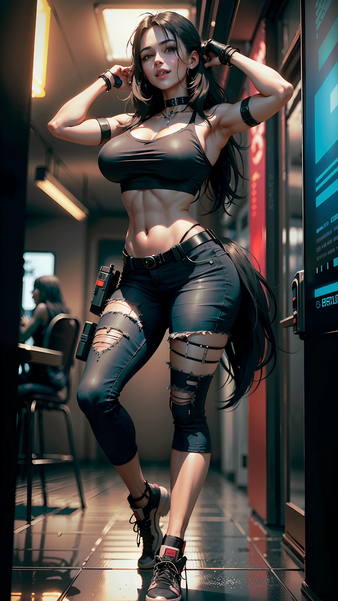 ((realistic face, happy, young look)), (black crop top, black skinny jeans, short clothes), (huge breasts), (black long hair with cyberpunk enhancements), (20 years), (1 girl), (4k style)