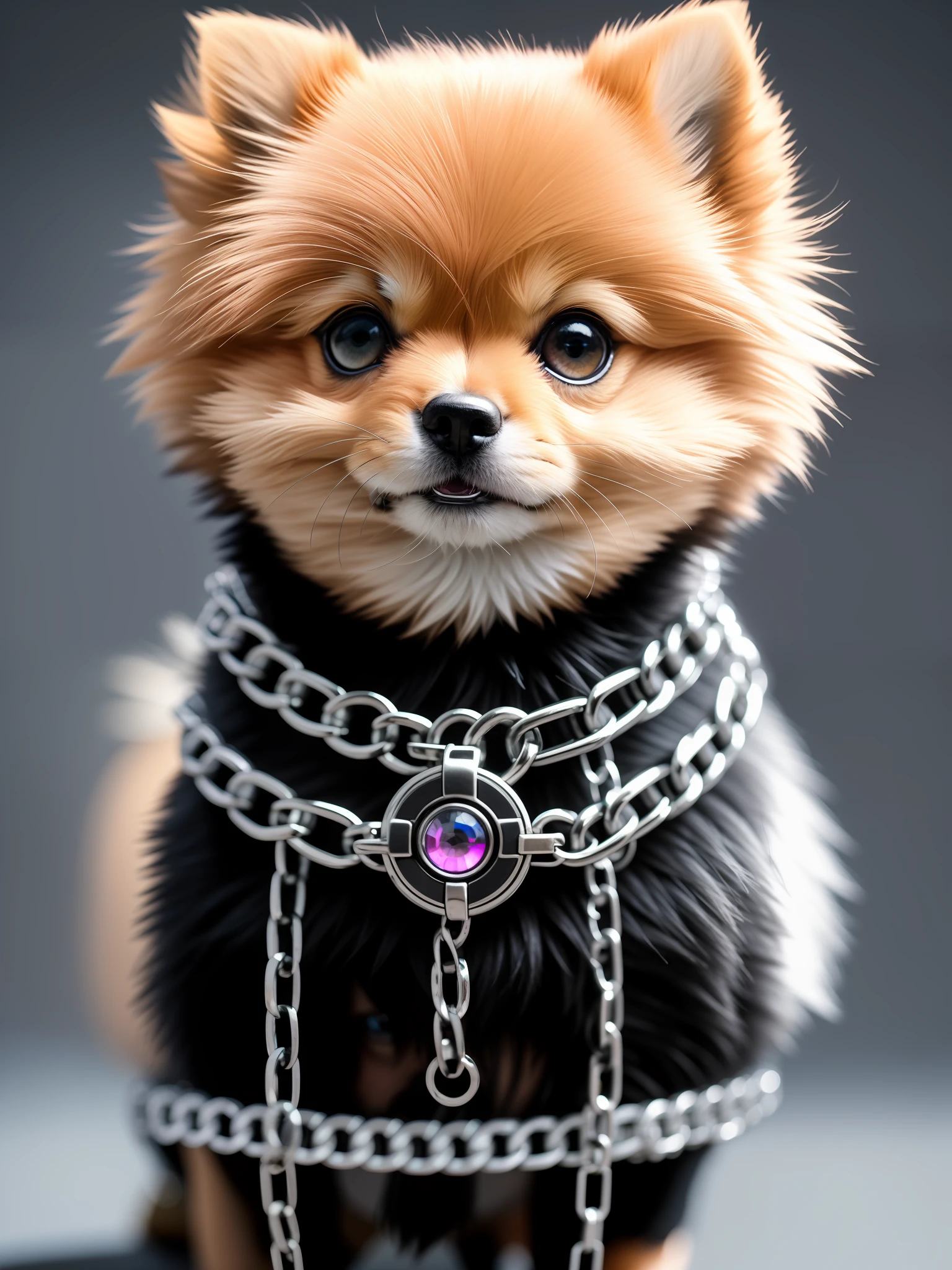 Masterpiece, 4K, Metal Image, Cute 1 Pomeranian Puppy, (Cyborg:1.1), ([Tail | Chain]:1.3), (Details Complex), HDR, (Hyperdetail, Details Complex:1.2), Focus on Detail, Cinematic Shot, Vignette, Center, Only 1HEAD. Pink style
