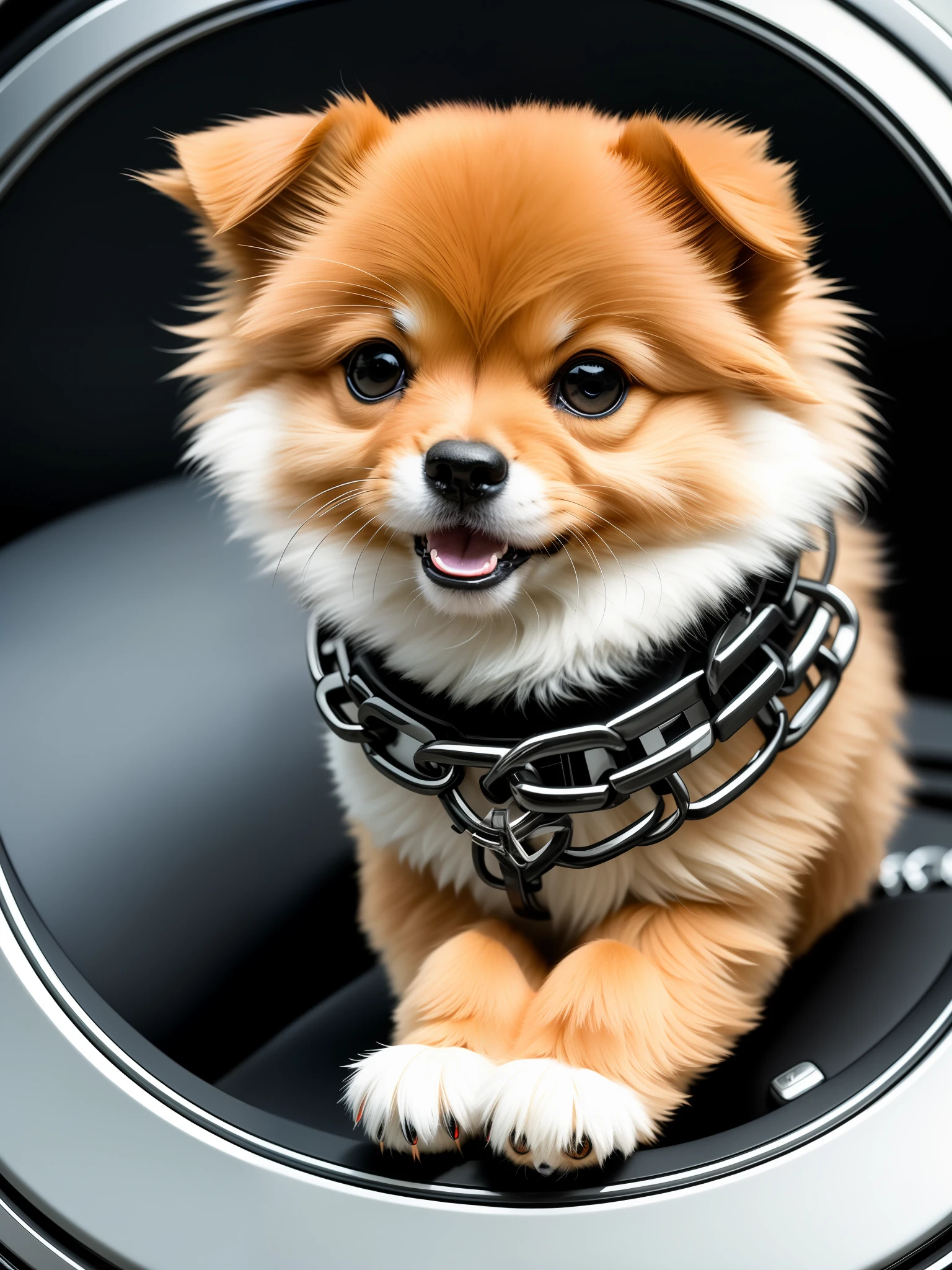 Masterpiece, 4K, Metal Image, Cute 1 Pomeranian Puppy, (Cyborg:1.1), ([Tail | Chain]:1.3), (Details Complex), HDR, (Hyperdetail, Details Complex:1.2), Focus on Detail, Cinematic Shot, Vignette, Center, Only 1HEAD. With detailed range rover evoque white car