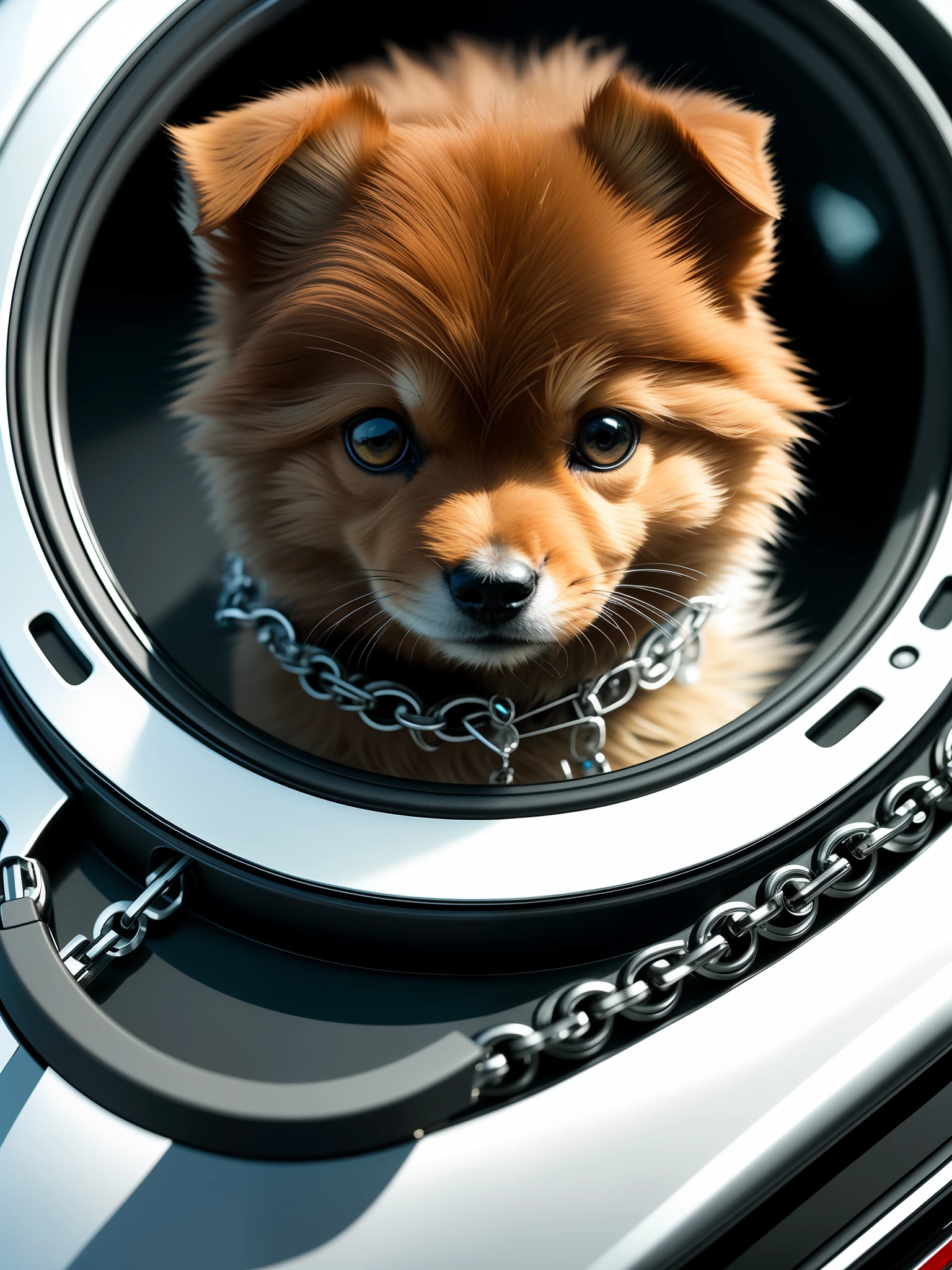 Masterpiece, 4K, Metal Image, Cute 1 Pomeranian Puppy, (Cyborg:1.1), ([Tail | Chain]:1.3), (Details Complex), HDR, (Hyperdetail, Details Complex:1.2), Focus on Detail, Cinematic Shot, Vignette, Center, Only 1HEAD. With detailed range rover evoque white car