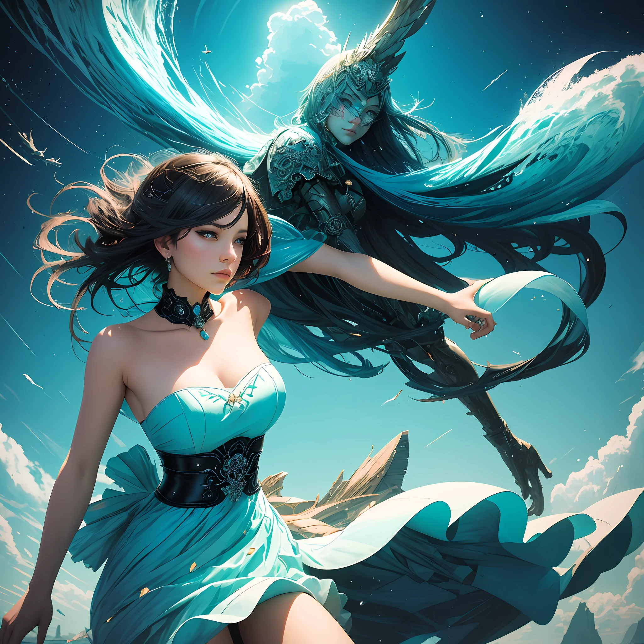 (circular composition:1.3), beautiful girl, dynamic pose, wearing a strapless dress, (aqua dress), black neckline , surreal fictionalization, Intricate, (colorful sky:1.2), masterpiece, high quality, art by artgerm, sakimichan, Taejune Kim, pixiv, krenz cushart, ilya kuvshinov, Goro Fujita, Cyril Rolando, saturated colors, (sharp edges