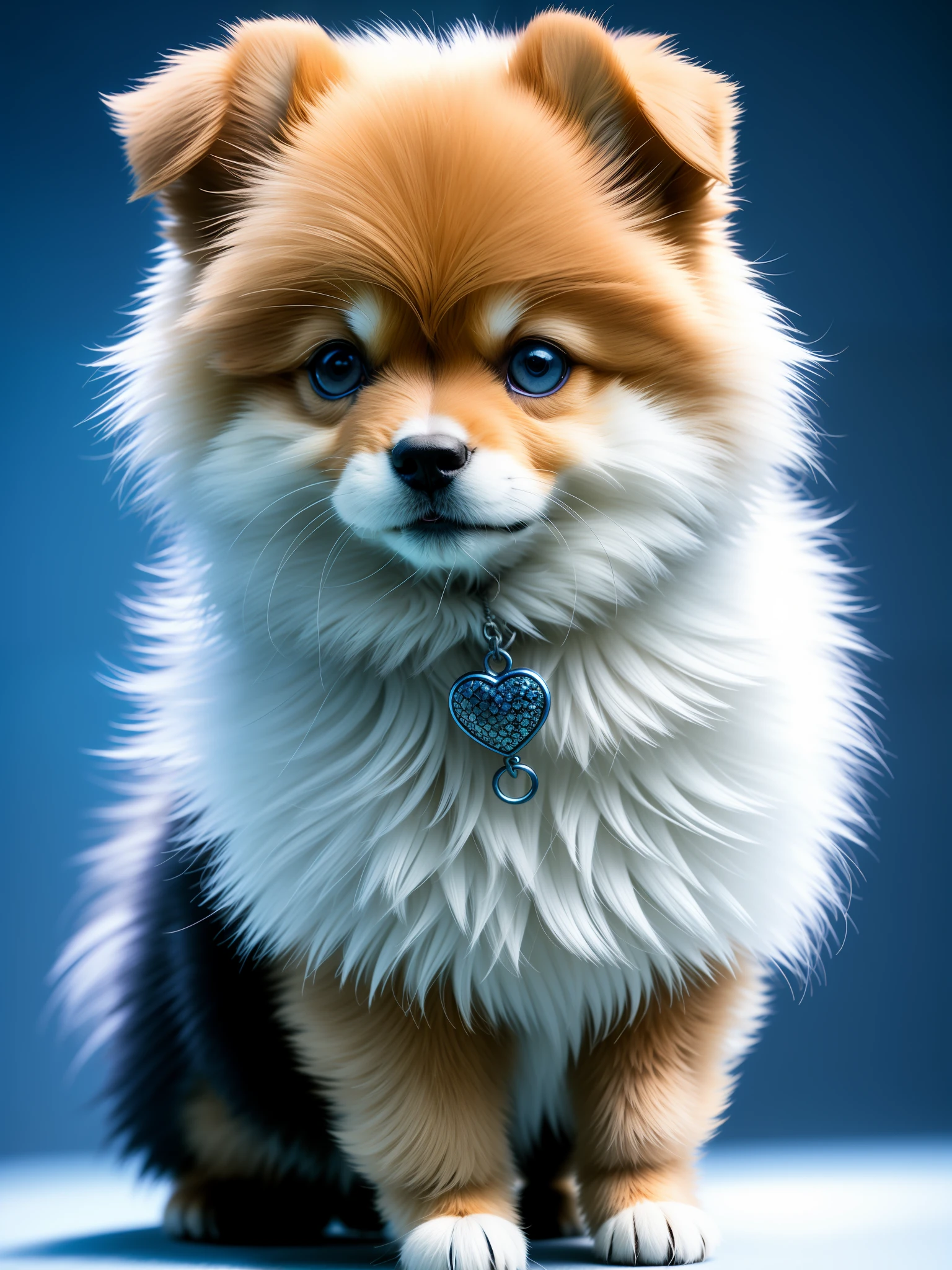 Masterpiece, 4K, Metal Image, Cute 1 Pomeranian Puppy, (:1.1), ([Tail]:1.3), (Details Complex), HDR, (Hyperdetail, Details Complex:1.2), Focus on Detail, Cinematic Shot, Vignette, Center, Only 1HEAD. Blue ambiance