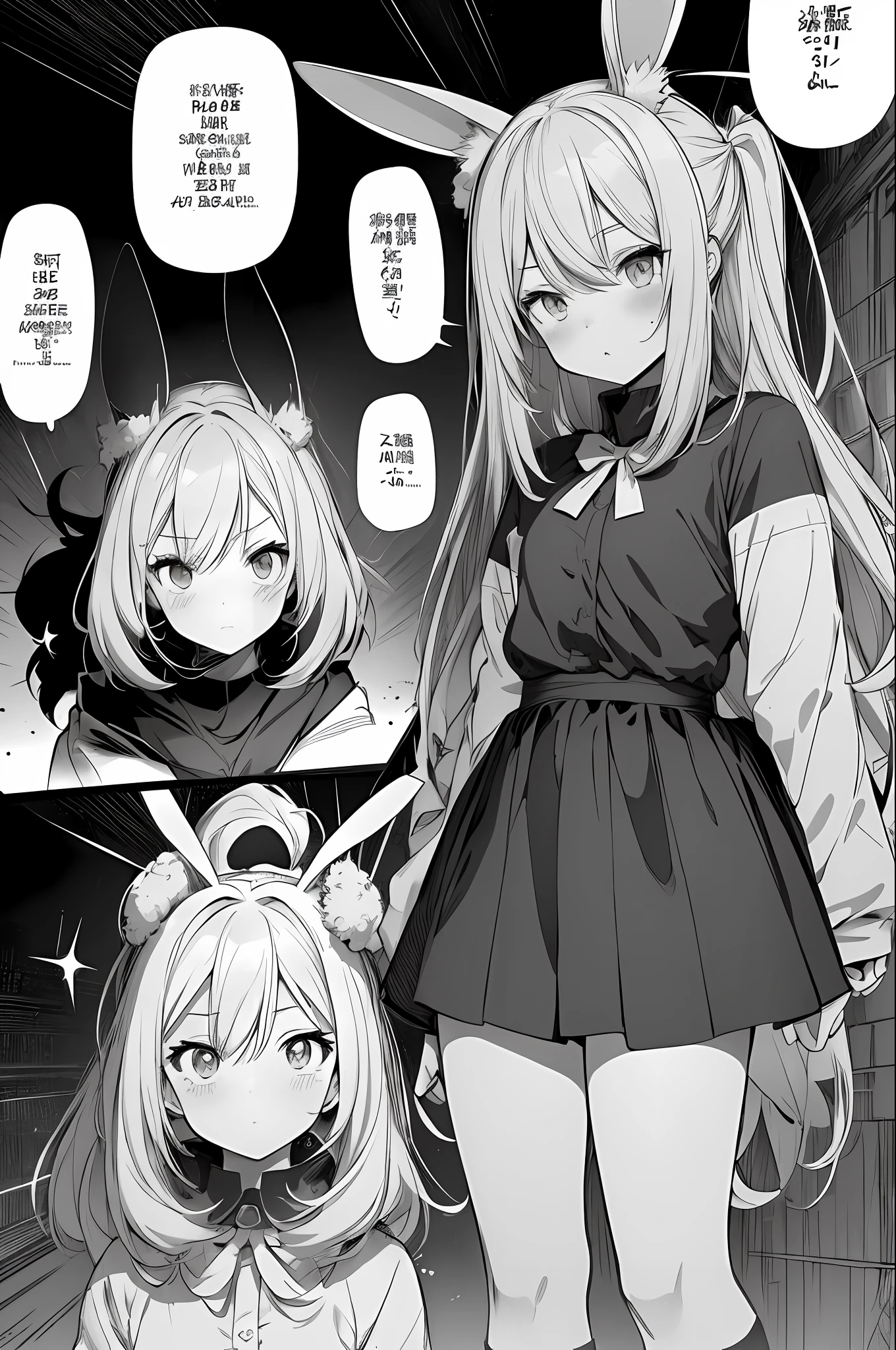 , (Cute Girls), (Color Cartoon) (Two Girls), (White Rabbit Ears), Incorporating manga-style speech bubbles is often expressive and visually integrated with other art. Break design a manga-style background with hatching or pointillism effects to give depth and texture to the scene. Break designs images using manga-style screentones and creates shading and patterns through small dots, lines, or other repetitive shapes. Breaking incorporates manga-style speech bubbles that are often expressive and visually integrated with other art. Break is a panel layout unique to manga that guides the reader's eyes and controls the pace of the story to explain the image.