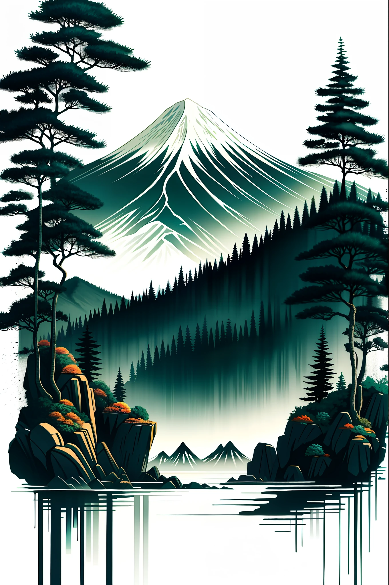 white background, scenery, ink, mountains, water, trees, art drop, pine trees