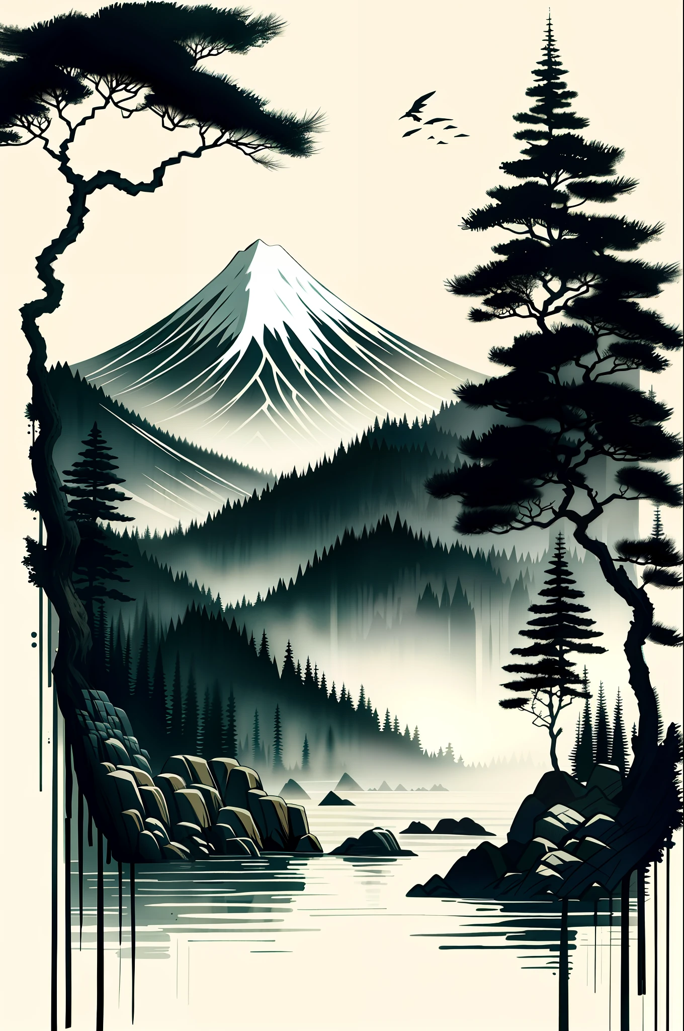 white background, scenery, ink, mountains, water, trees, art drop, pine trees