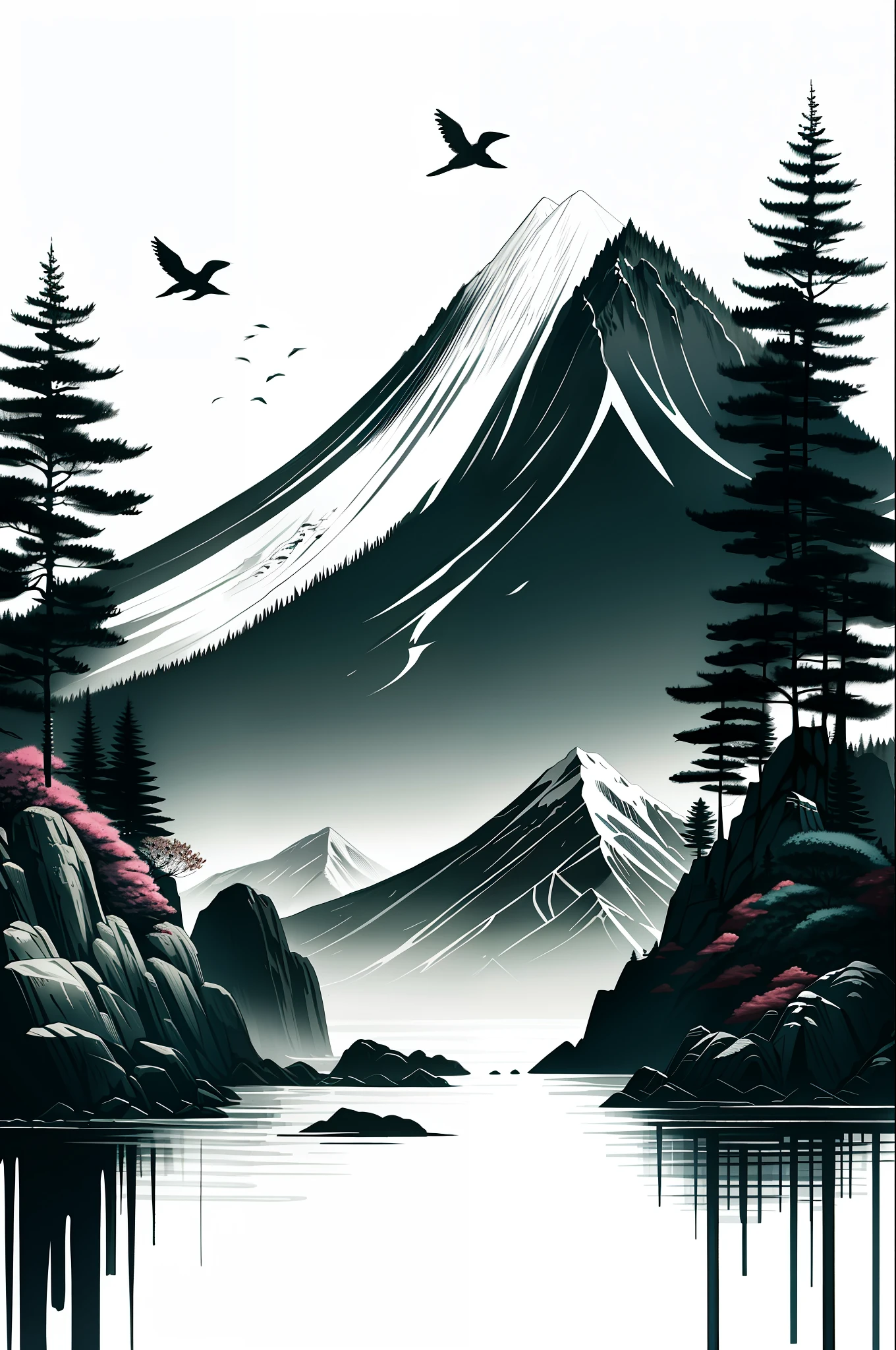 white background, scenery, ink, mountains, water, trees, art drop, pine trees