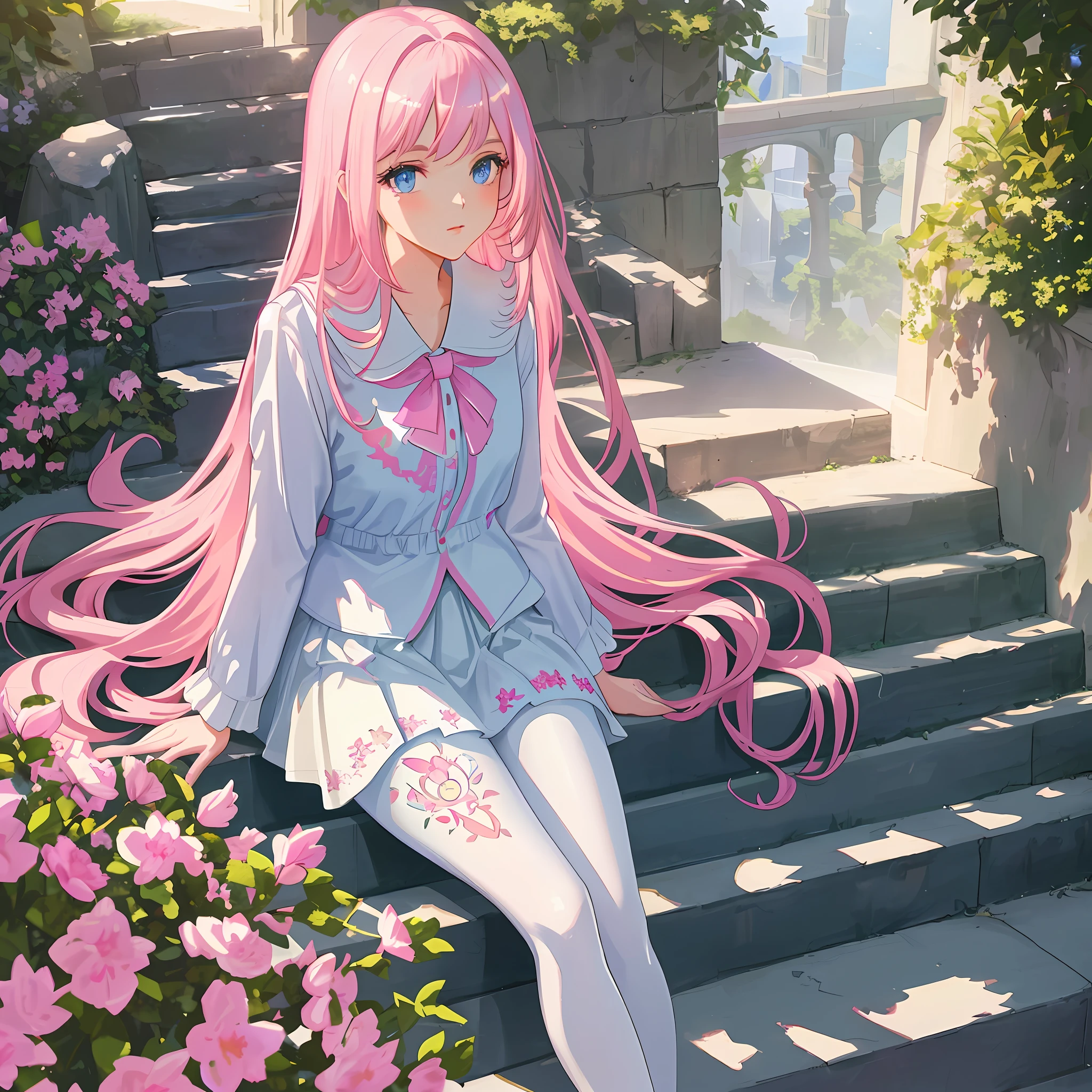 Beautiful girl, pink hair, long hair, sitting on a staircase, white shirt fulfilled, thick legs, embroidered pantyhose, stylish skirt, pink lips, shimmering blue eyes, hyper detailed scenery, (masterpiece), best quality, incredibly beautiful, sunlight, dynamic light, intense shadows,