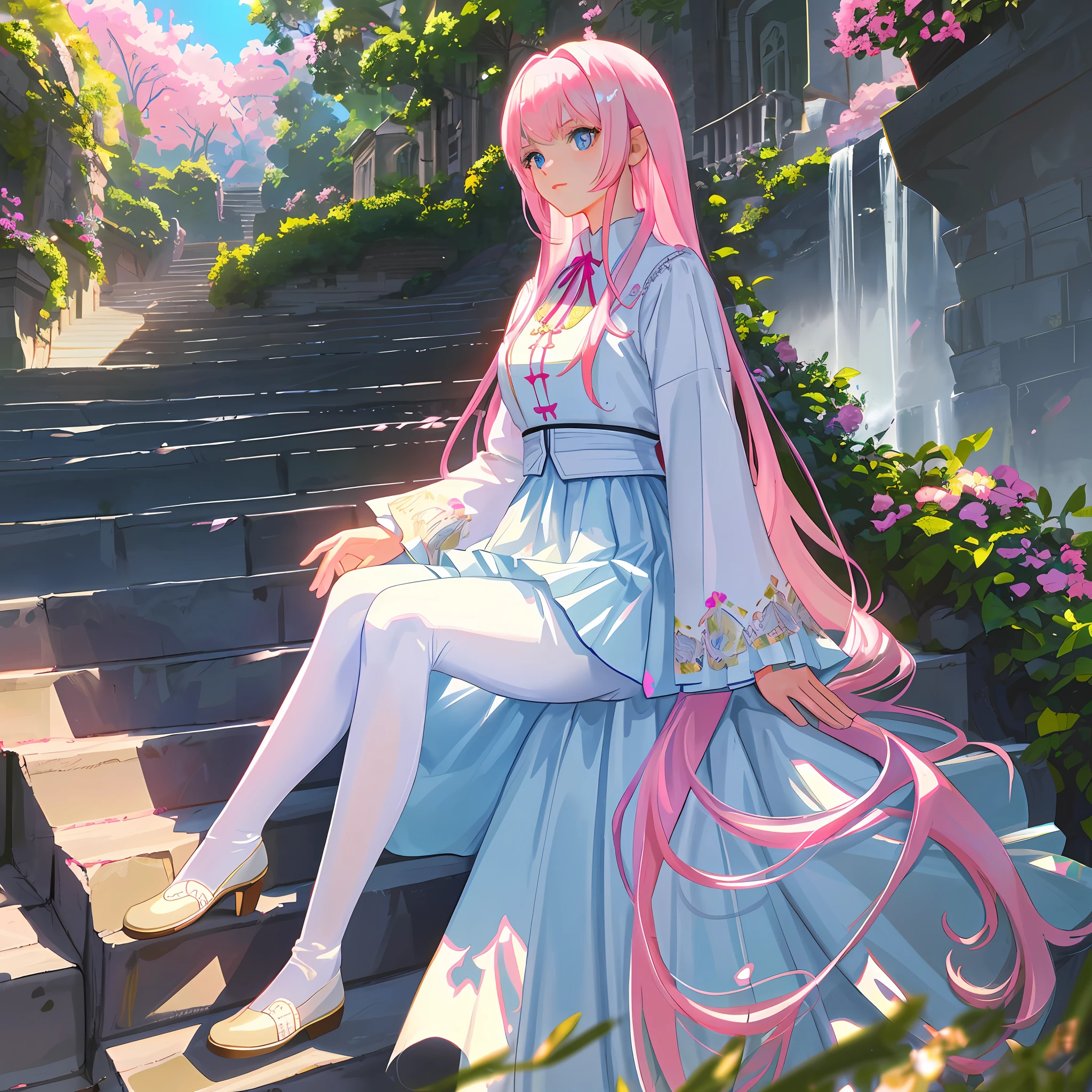 Beautiful girl, pink hair, long hair, sitting on a staircase, white shirt fulfilled, thick legs, embroidered pantyhose, stylish skirt, pink lips, shimmering blue eyes, hyper detailed scenery, (masterpiece), best quality, incredibly beautiful, sunlight, dynamic light, intense shadows,