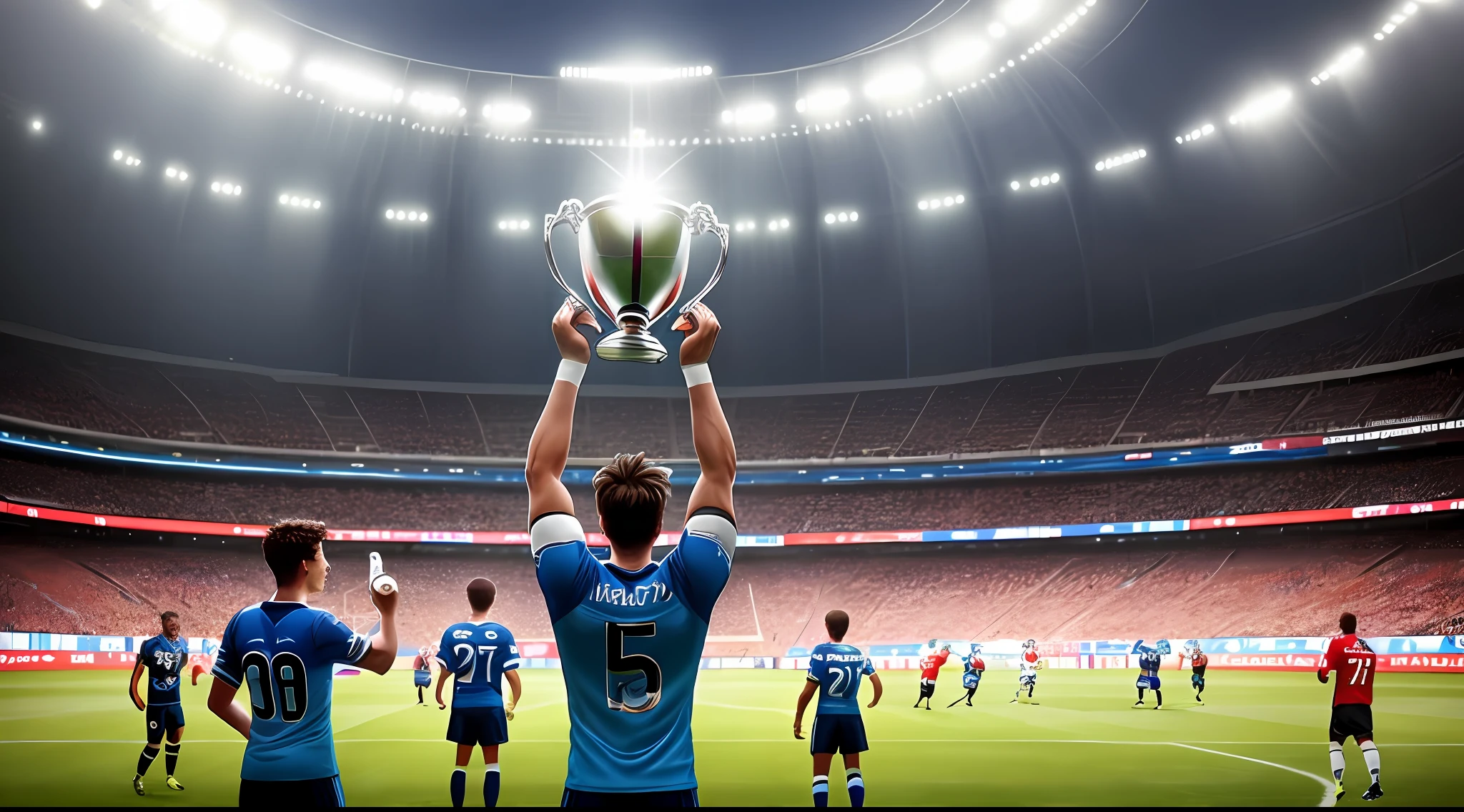 arena There are footballers celebrating and holding trophies in the middle of the field.