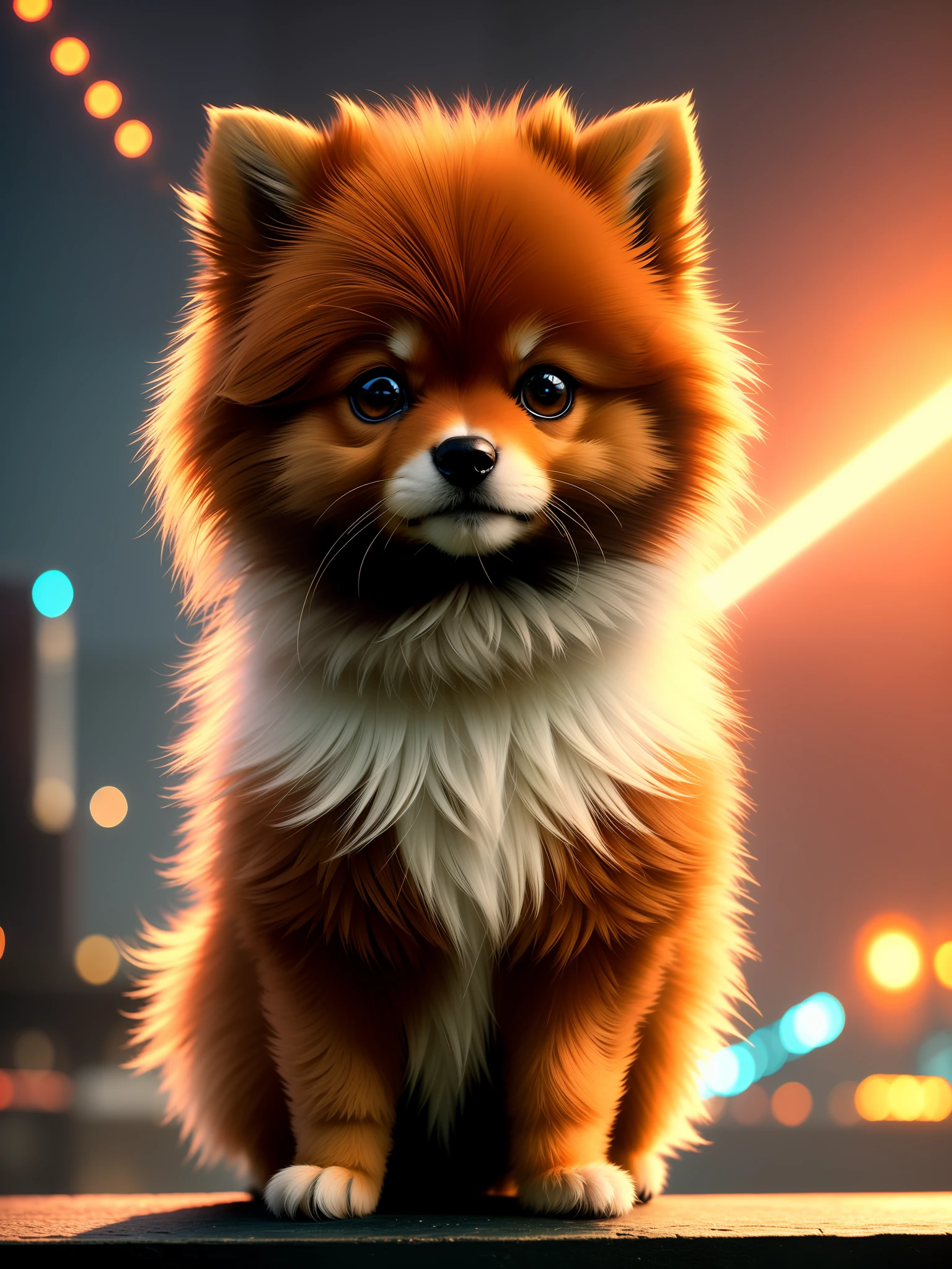 Masterpiece, 4K, Metal Image, Cute 1 Pomeranian Puppy, (:1.1), ([Tail]:1.3), (Details Complex), HDR, (Hyperdetail, Details Complex:1.2), Focus on Detail, Cinematic Shot, Vignette, Center, Only 1HEAD. Red dark punk city ambiance, lightning strikes