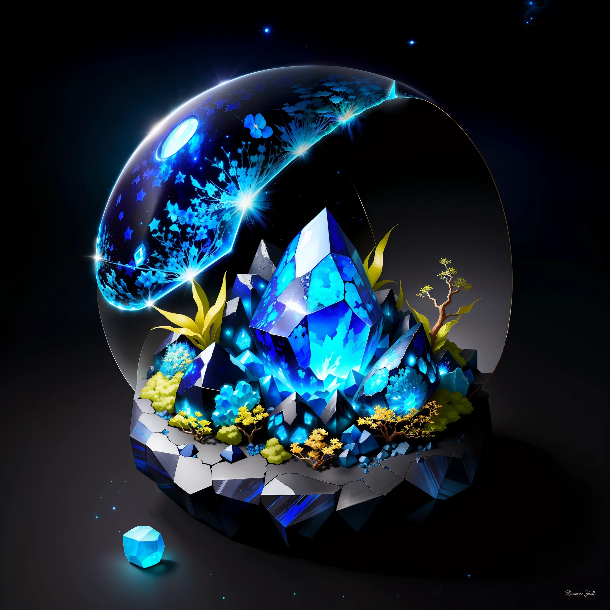 Japan, rocky anthill, half open blue geode, with round opals scattered, star fruit on the side, fantasy, with fireflies.