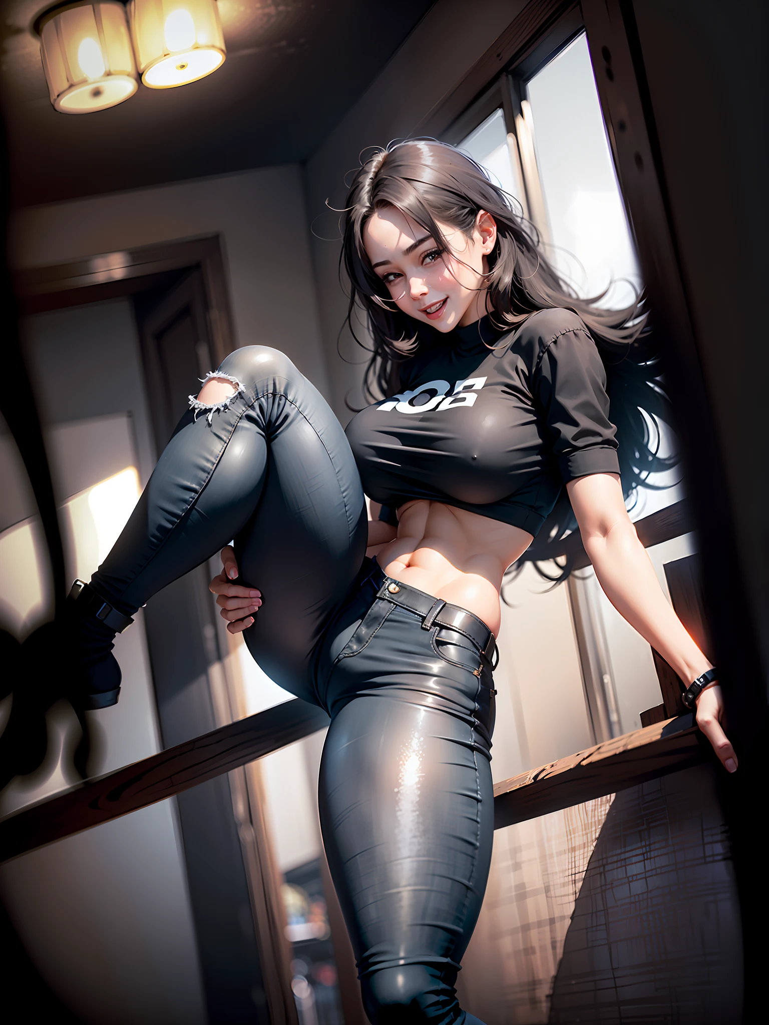 ((realistic face, happy, young look)), (black crop top, black skinny jeans, short clothes), (huge breasts), (black long hair), (20 years), (1 girl), (4k style)