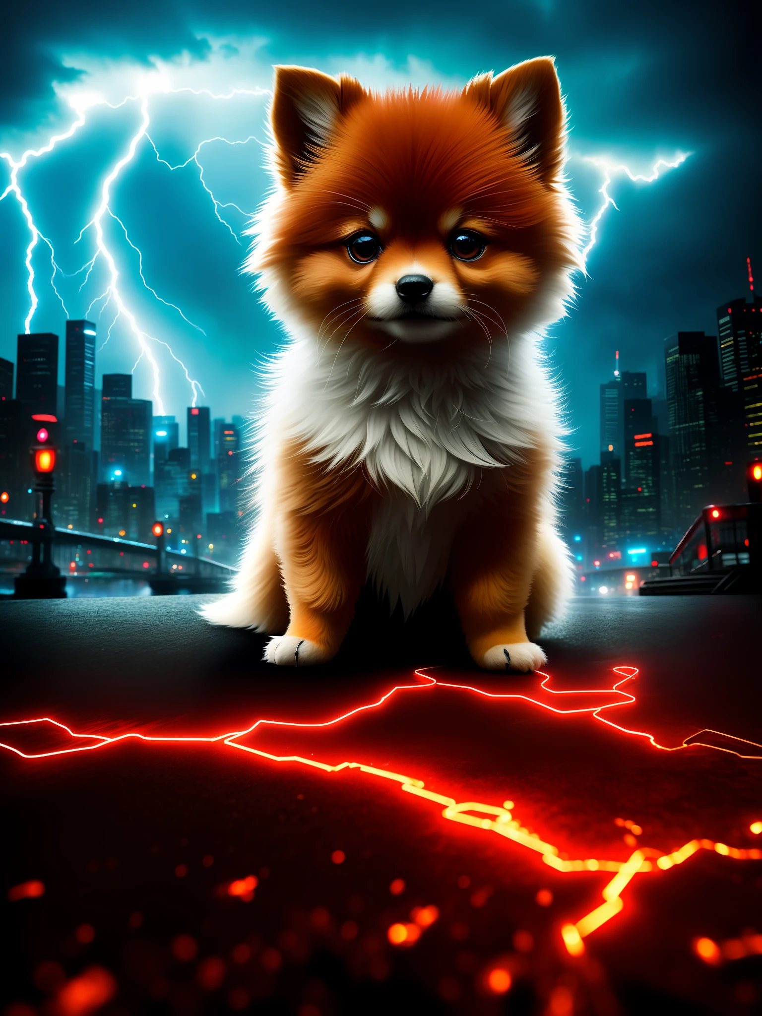 Masterpiece, 4K, Metal Image, Cute 1 Pomeranian Puppy, (:1.1), ([Tail]:1.3), (Details Complex), HDR, (Hyperdetail, Details Complex:1.2), Focus on Detail, Cinematic Shot, Vignette, Center, Only 1HEAD. Red dark punk city ambiance, lightning strikes, storm, rain, wet, Thunder and lightning