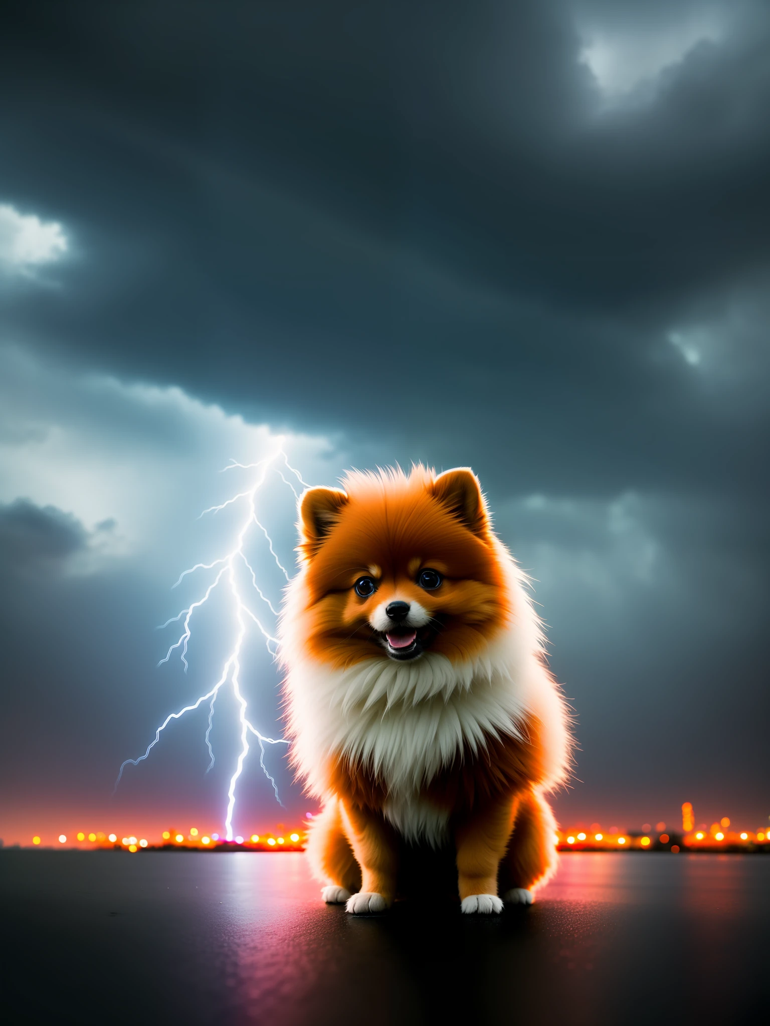 Masterpiece, 4K, Metal Image, Cute 1 Pomeranian Puppy, (:1.1), ([Tail]:1.3), (Details Complex), HDR, (Hyperdetail, Details Complex:1.2), Focus on Detail, Cinematic Shot, Vignette, Center, Only 1HEAD. Red dark punk city ambiance, lightning strikes, storm, rain, wet, Thunder and lightning