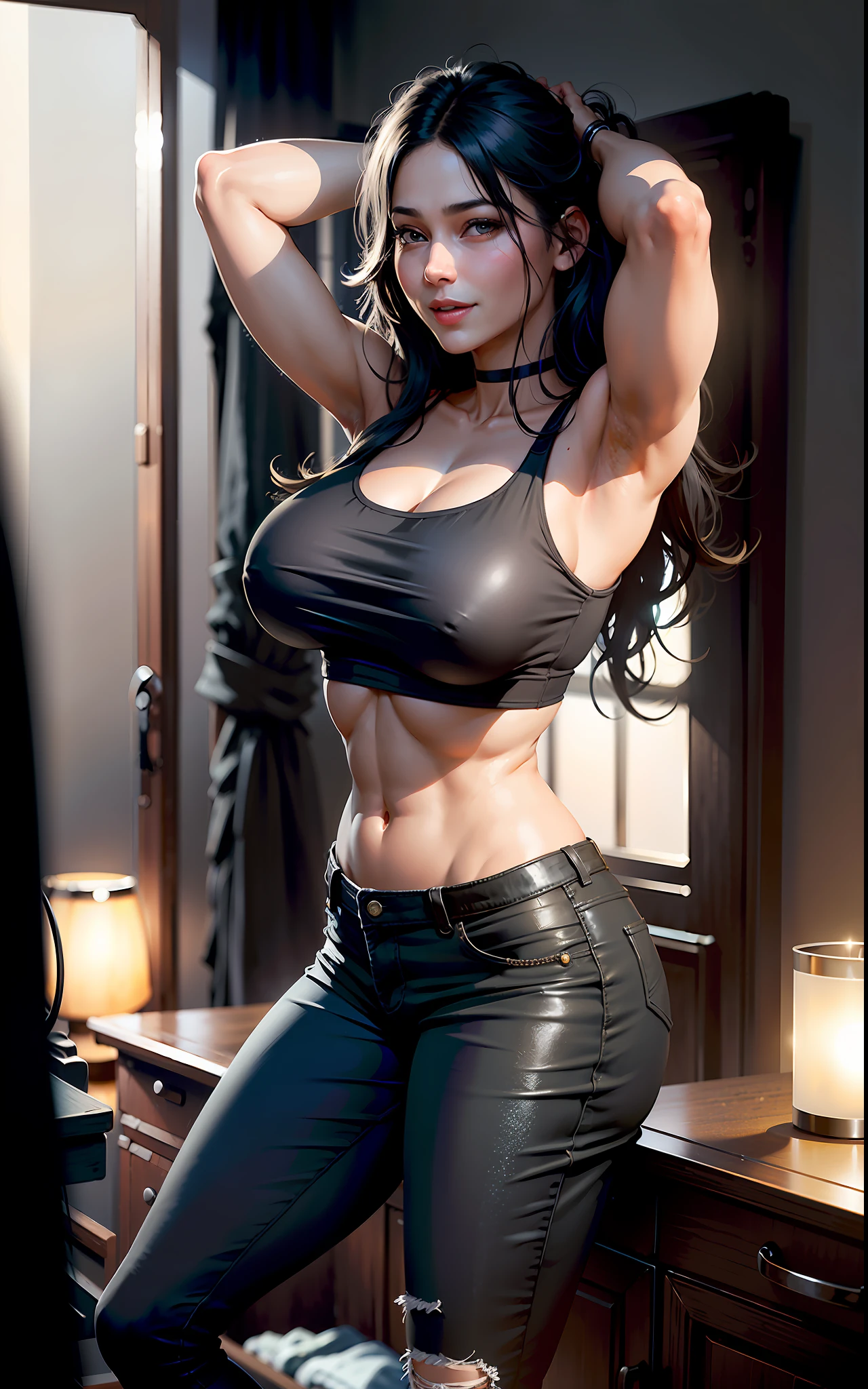 ((realistic face, happy, young look)), (black crop top, black skinny jeans, short clothes), (huge breasts), (black long hair), (20 years), (1 girl), (4k style)
