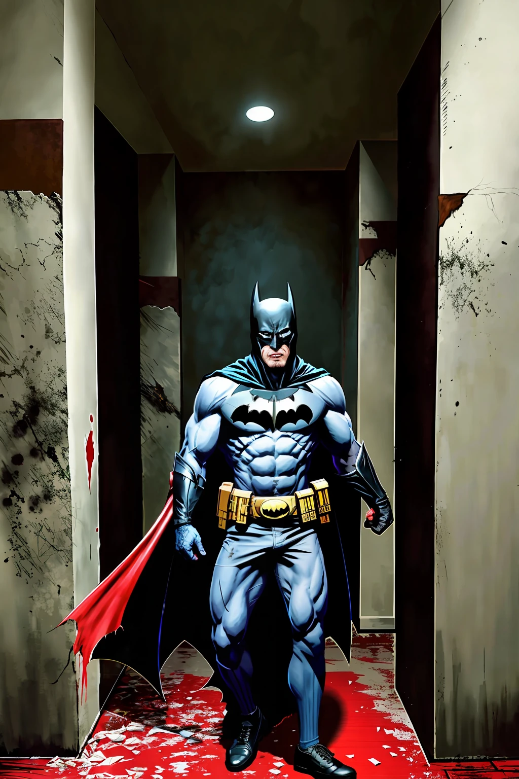 draw Batman in an action scene with a lot of blood on his hands and mouth, blood on the floor, gunshot marks on the walls and a lot of blood because the scene is of Batman fighting a bunch of thieves at the behest of the villain Penguin who wants to change the name of Gotham City to Drak City, 64k, illustrations, fingers, legs,