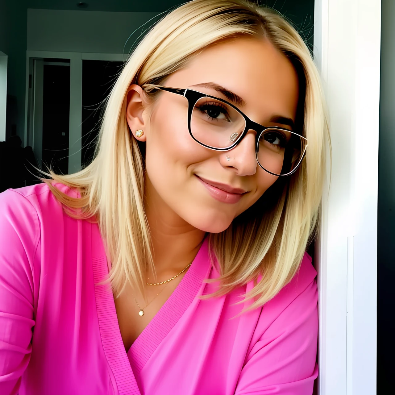 blond woman with glasses and a pink
