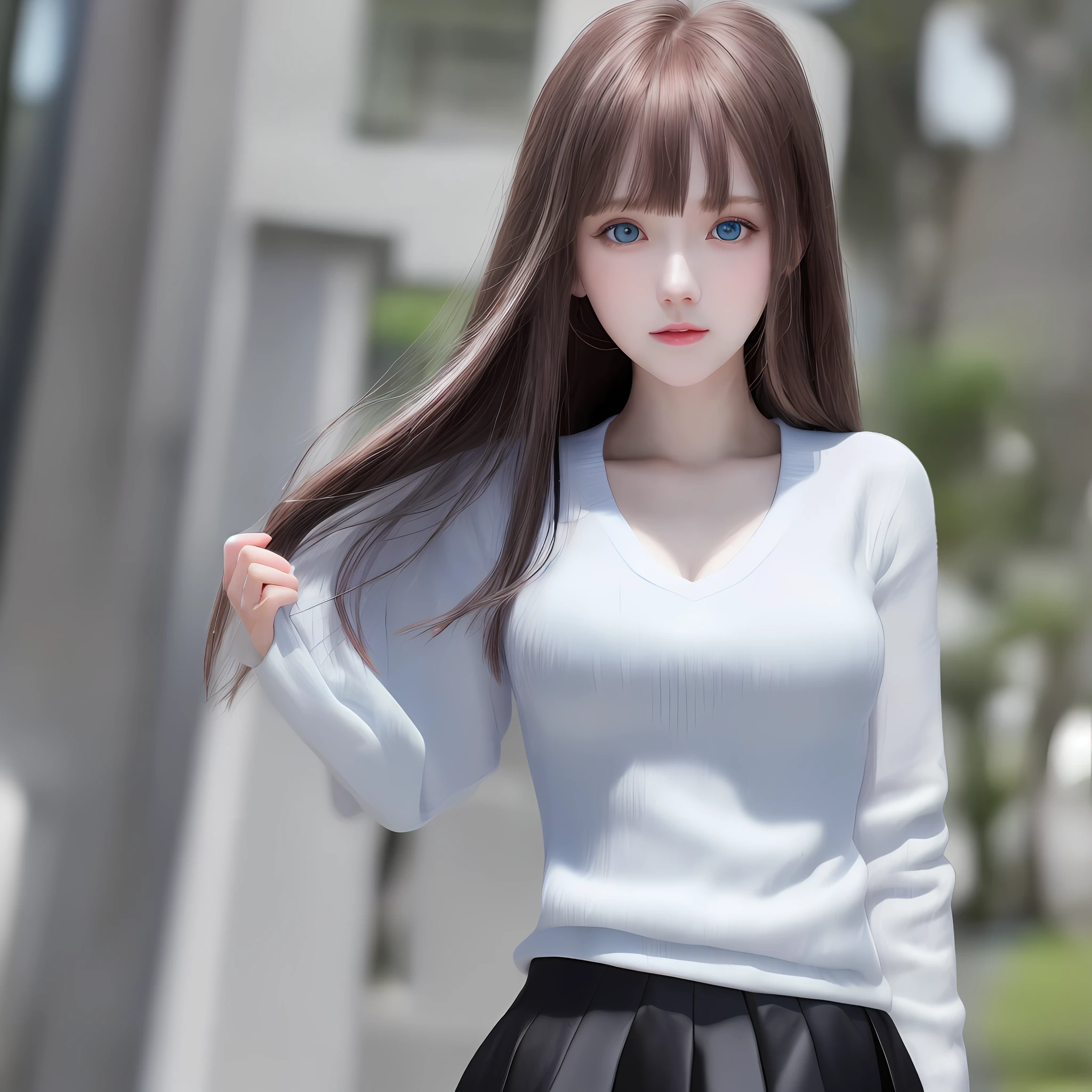 Masterpiece, best quality, 8k, photo, realistic, 1girl, 17yo, (white short sweater, black skirt), (detailed natural breasts), (full body), (sexy pose), soft lips, pale skin, ( pink hair), (detailed eyes: 1.3), (novafrogStyle: 1.2), depth of field, blushing, shy, (smile: 1.1), blue eyes, (random color bars), bangs, ulzzang-6500-v1.1, pureerosface_v1:0.4, HDR