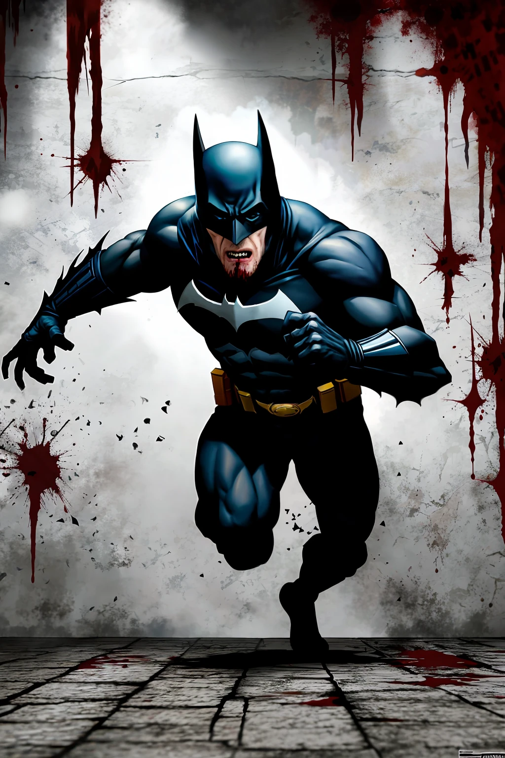 draw Batman in an action scene with a lot of blood on his hands and mouth, blood on the floor, gunshot marks on the walls and a lot of blood because the scene is of Batman fighting a bunch of thieves at the behest of the villain Penguin who wants to change the name of Gotham City to Drak City, 64k,  illustrations,  fingers,  legs,