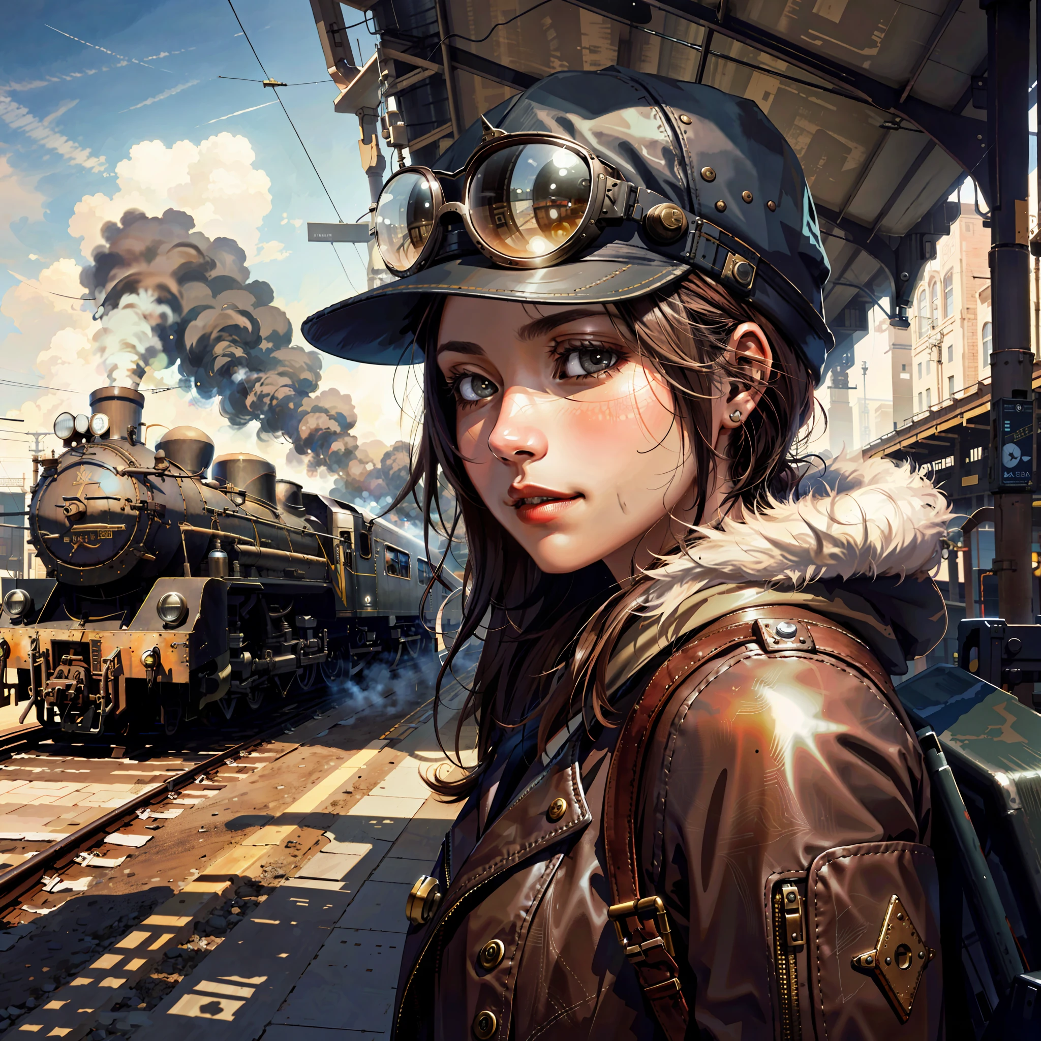 1 girl,  aviator hat ,   solo,   steam punk, train station,  , steam, smoke
masterpiece, highly detailed,HDR,8k resolution, best quality,