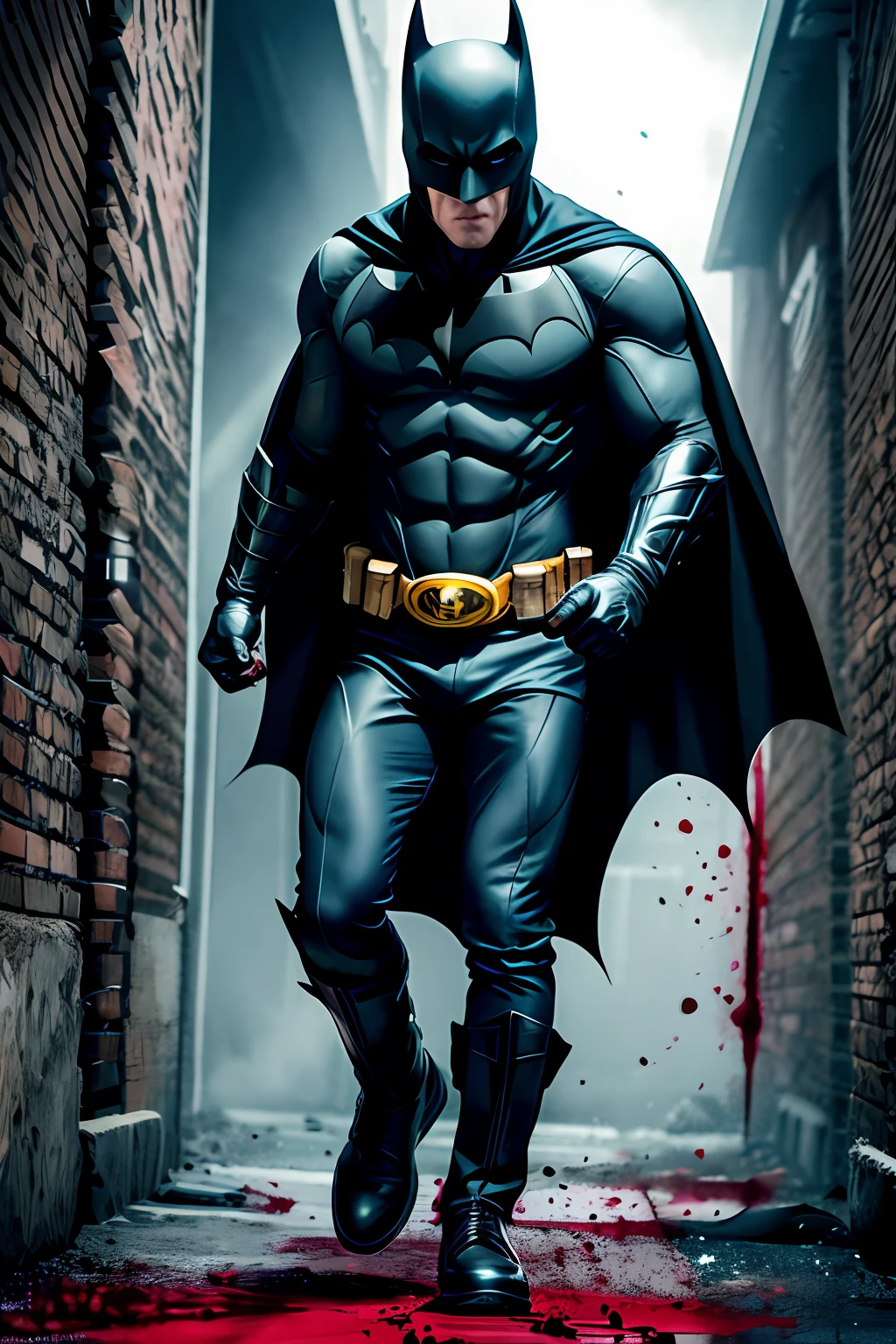 draw Batman in an action scene with a lot of blood on his hands and mouth, blood on the floor, gunshot marks on the walls and a lot of blood because the scene is of Batman fighting a bunch of thieves at the behest of the villain Penguin who wants to change the name of Gotham City to Drak City, 64k, Cartoon, highlights, detailed, ultra resolution, illustrations, fingers, legs,