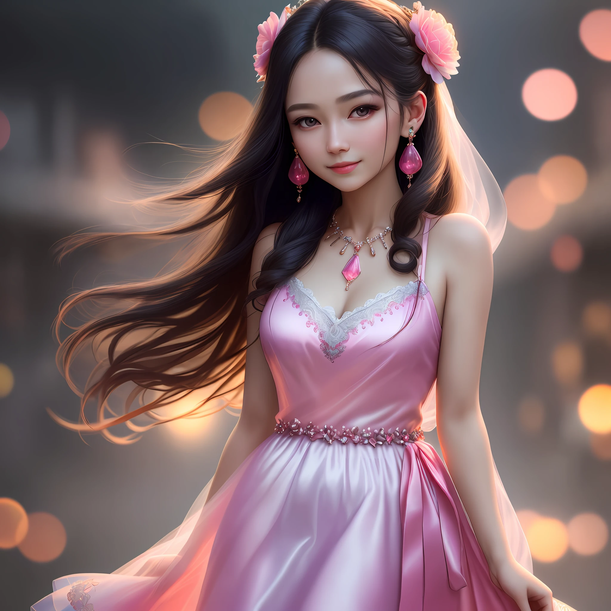 Best Quality, Masterpiece, High Resolution, 1 Girl, Transparent Silk Porcelain Dress, Beautiful Face, Hair Decoration, Looks at the Viewer, Smile, Closed Mouth, Lips, Dress, Hair Ornament, Necklace, Jewelry, Long Hair, Eyes Pink, Earrings, Beautiful Face, On Body, Tyndall Effect, Photorealistic, Dark Studio, Edge Lighting, Two-Color Lighting (High Skin Detail: 1.2), 8k UHD, DSLR, Soft Lighting, High Quality, Volumetric Lighting, Explicit, Photography, High Resolution, 4K, 8K, Bokeh